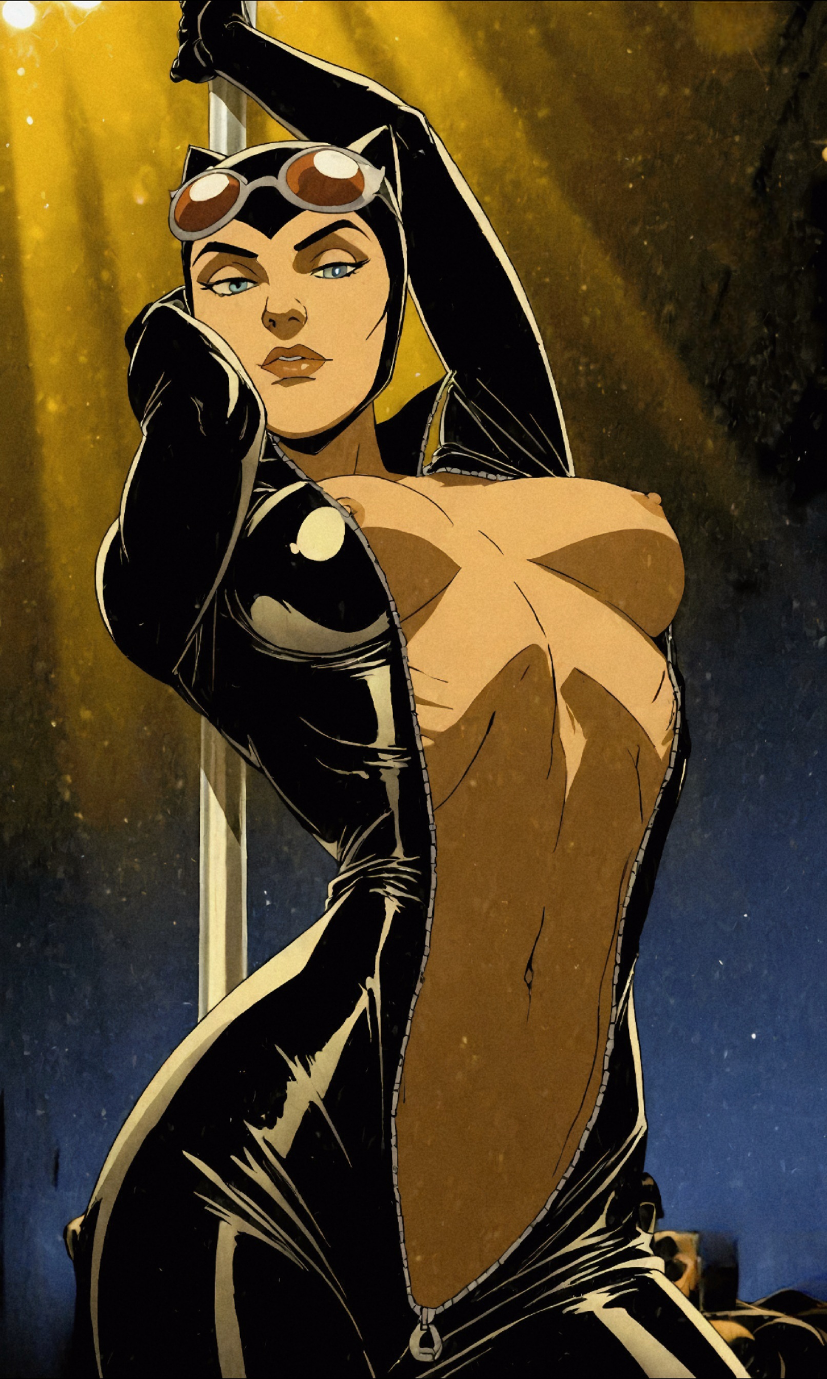 ai generated, arms up, athletic, athletic female, batman (series), batman: year one, belly, belly button, bodysuit, cat ears, catsuit, catwoman, catwoman (2011), catwoman (year one), cleavage, dc, dc comics, detailed, exotic dancer, exposed breasts, feminine, goggles, headgear, navel, nightclub, nipples, open bodysuit, open clothes, open clothing, partially clothed female, pole, pole dancer, pole dancing, ribs, strip club, stripper, stripper pole, stripping, striptease, toned, toned body, toned female, toned stomach, tummy, undressed, unzipped, unzipped bodysuit, unzipped catsuit, zipper