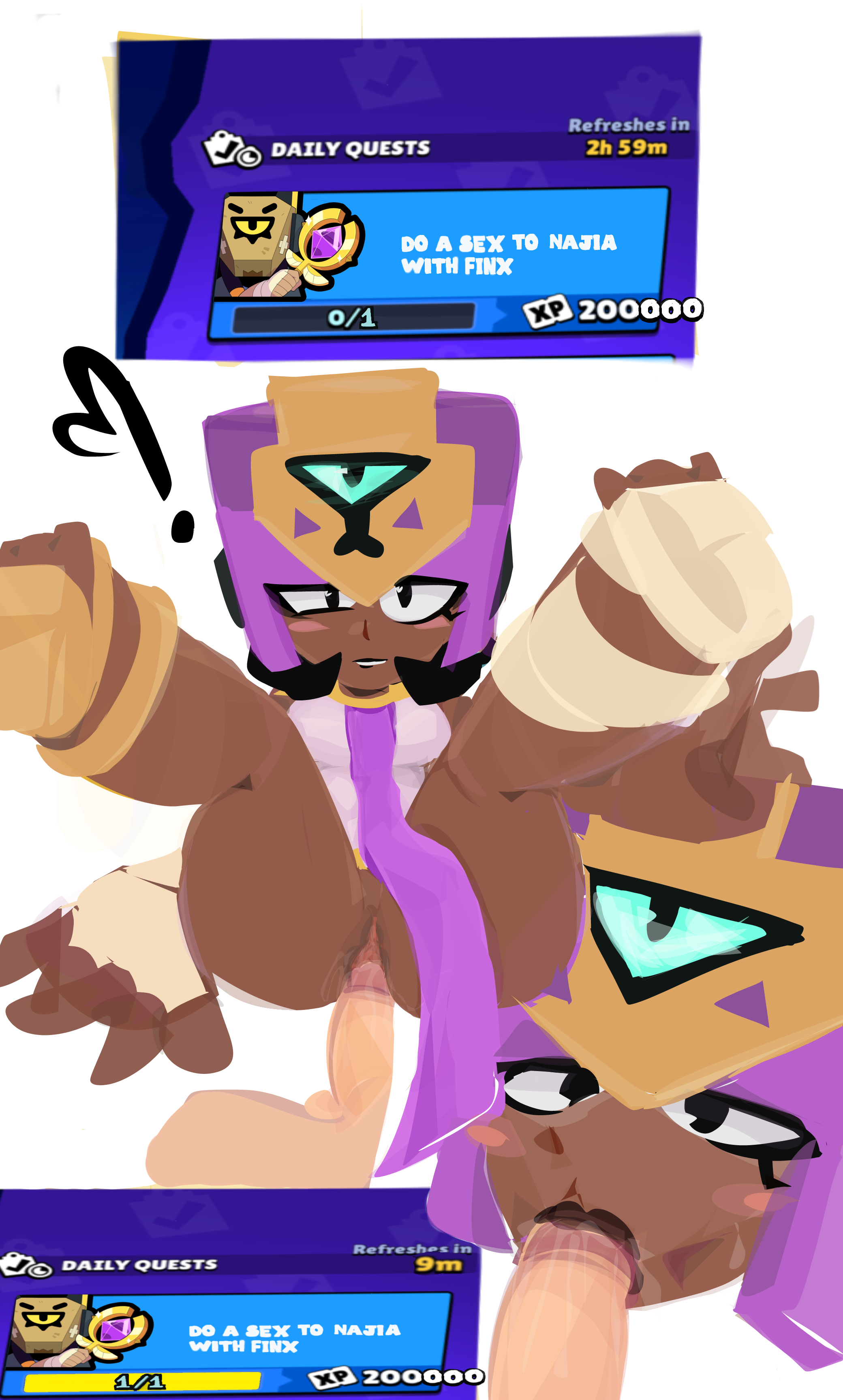 black body, black hair, blowjob, brawl stars, brush, brushing, chibi, chibi style, daily quest, egyptian, erection, fellatio, finx (brawl stars), game, helmet, mission, najia (brawl stars), no panties, penile penetration, penis, penis in pussy, purple helmet, pussy, sex, sex from front, sucking dick, sucking penis, uncensored, uncomfortable, vaginal penetration, white penis, whitewashed