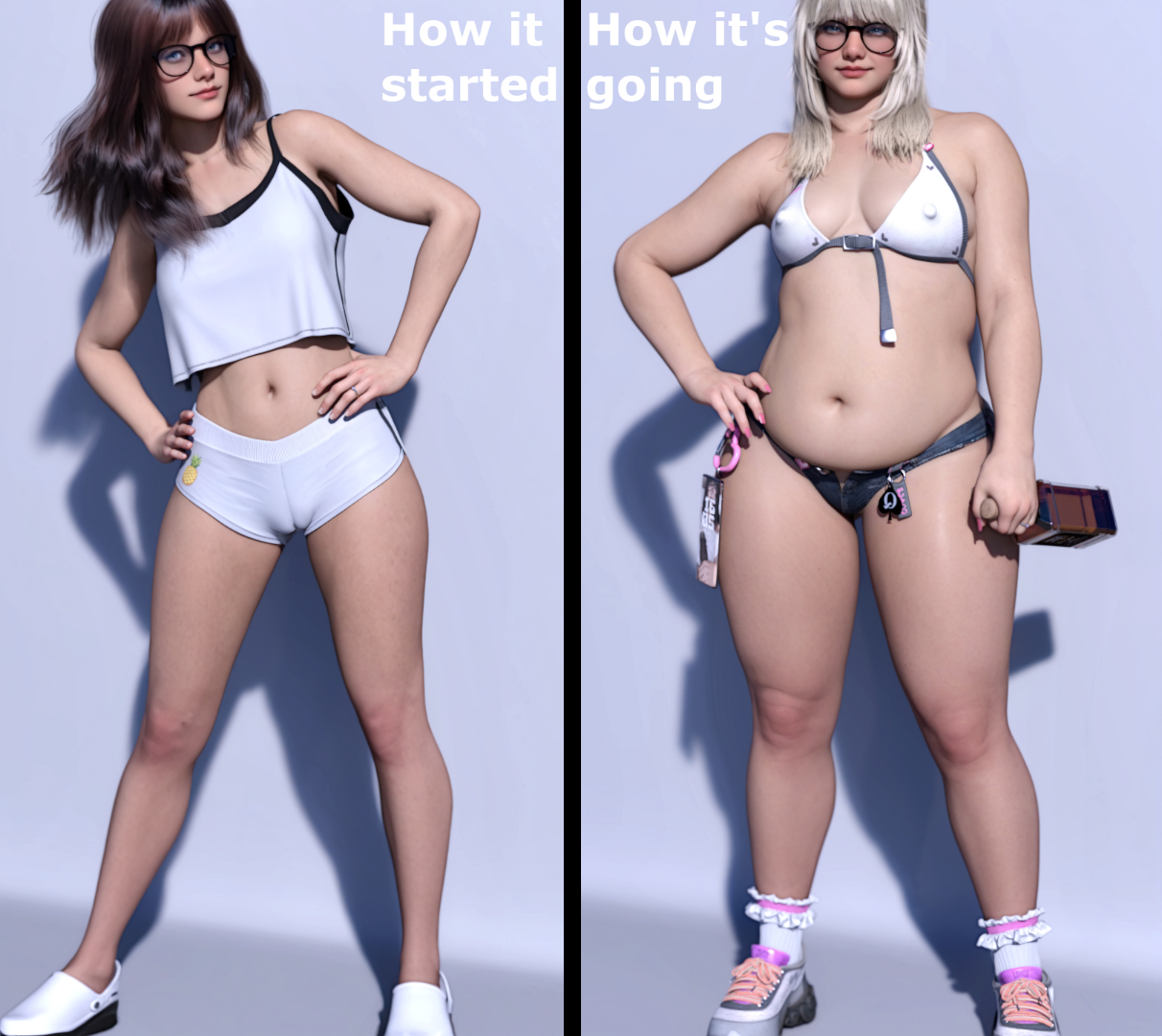 3d, 3d (artwork), alcohol, alcohol bottle, alcoholic drink, bangs, before and after, belly, belly overhang, bikini, black hair, blonde hair, breasts, cameltoe, cheating, cheating wife, chubby, cuckold, dark hair, fat, glasses, hdr ntrgirl, hdregrets, hot pants, hotpants, jean shorts, micro shorts, microshorts, minishorts, netorare, ntr, plump, queen of spades, queen of spades symbol, sneakers, wedding ring, weight gain, weight gain female