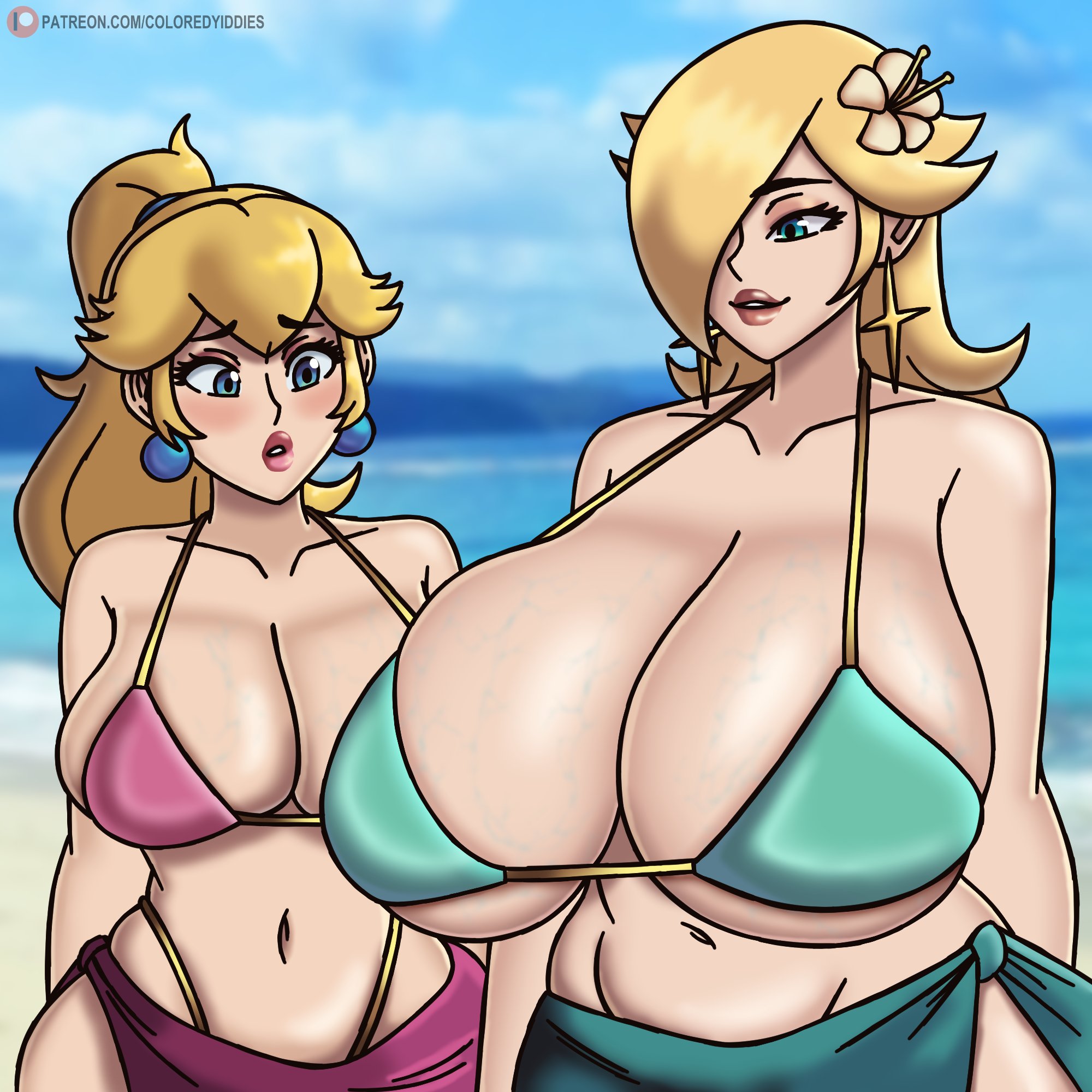 2girls, big breasts, bigger female, blue eyes, blue eyes female, breasts, coloredyiddies, earrings, female, female focus, female only, height difference, huge boobs, huge breasts, large boobs, large breasts, larger female, light skin, light-skinned female, mario (series), mario bros, mother daughter boob envy (meme), multiple female, multiple girls, nintendo, princess peach, princess rosalina, shorter female, size difference, smaller female, taller female, taller girl, taller woman, video game character