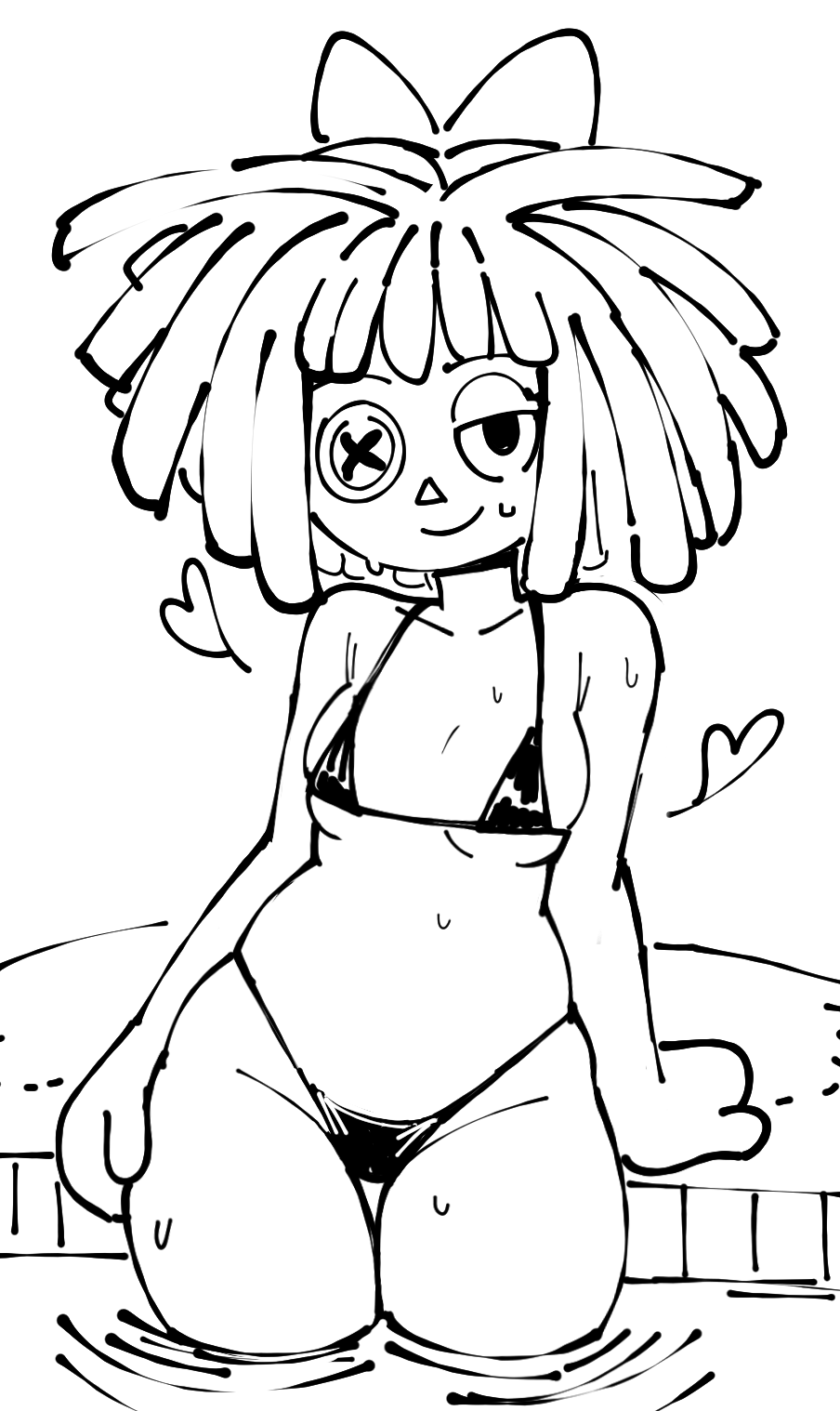 bikini, black and white, bow, button eye, doll girl, dripping, glitch productions, gooseworx, hearts around body, ragatha, ragatha (tadc), ragatha (the amazing digital circus), ragdoll, seductive look, sketch, small bikini, swimsuit, tagme, tagme (artist), the amazing digital circus, thick thighs, thigh gap, wide hips