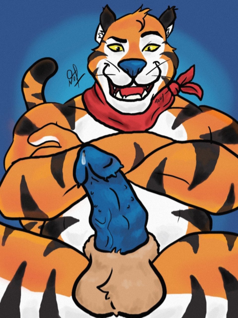 anthro bar_gheist blue_penis bodily_fluids dripping felid feral frosted_flakes genital_fluids genitals hi_res hybrid kellogg's male male/male male_only mammal mascot pantherine penile_spines penis precum precum_drip solo stripes tiger tony_the_tiger