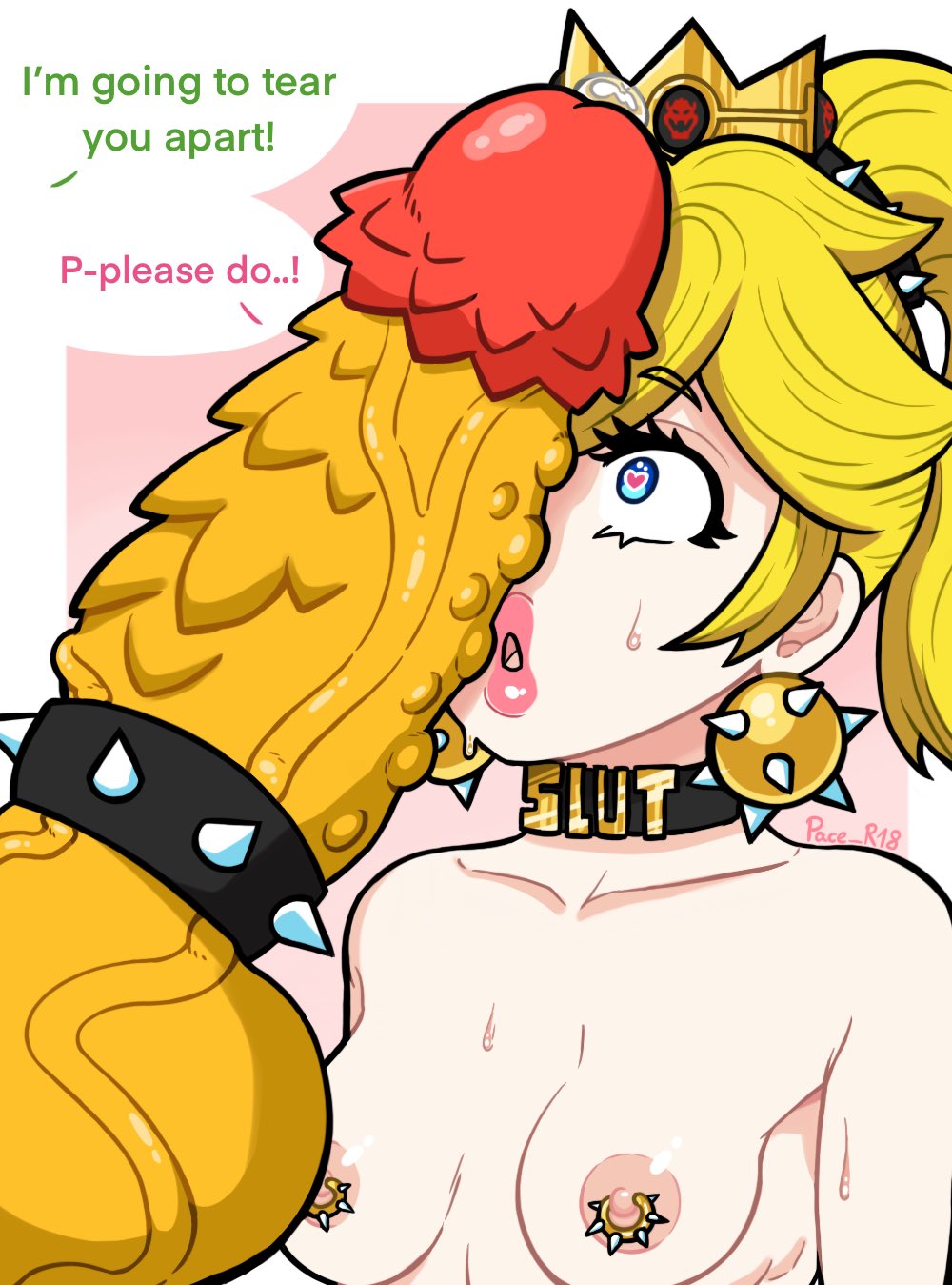 1boy 1girls blonde blonde_female blonde_hair bowser choker cock_ring dialogue ear_piercing earrings english_text female heart imminent_sex lipstick looking_at_penis loving_gaze mario_(series) nipple_piercing pace_r18 penis penis_awe penis_on_face perky_breasts princess_peach small_breasts speech_bubble sweat tagme text