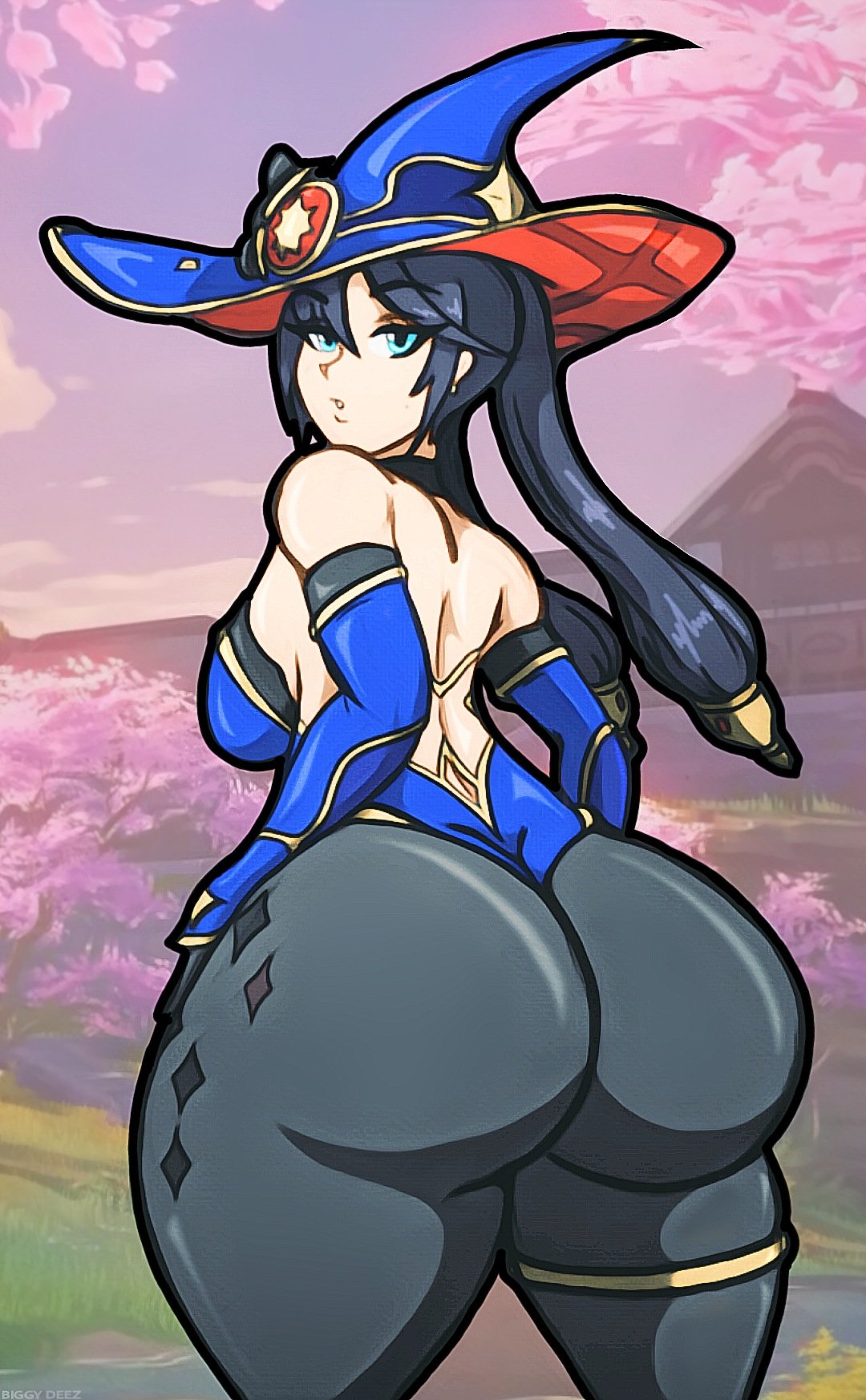 1girls, ass, big ass, big butt, biggy deez, black hair, blue eyes, bottom heavy, breasts, bubble ass, bubble butt, clothing, fat ass, female, female only, genshin impact, hat, huge ass, huge butt, hyper thighs, large ass, large butt, looking at viewer, looking back, massive thighs, mona (genshin impact), solo, thick ass, thick thighs, thunder thighs, wide hips