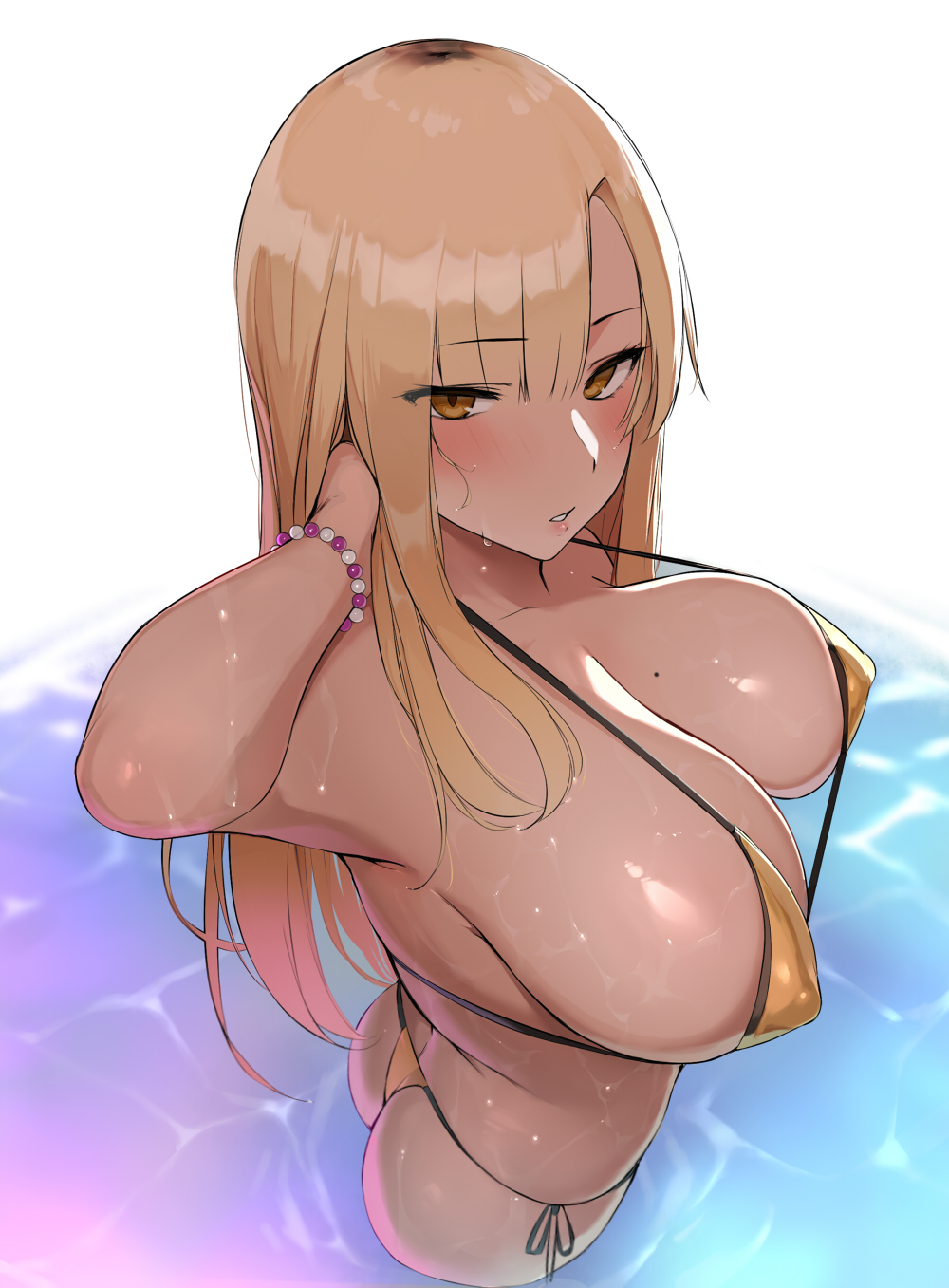 1girls 2022 ass bangs bare_shoulders bikini blonde_hair blush breasts brown_eyes cleavage collarbone covered_nipples female female female_only g-string gyaru highres large_breasts long_hair looking_at_viewer mole mole_on_breast navel nnoelllll noel_(nnoelllll) original side-tie_bikini_bottom solo solo_female string_bikini swimsuit thong thong_bikini wading water wet yellow_bikini