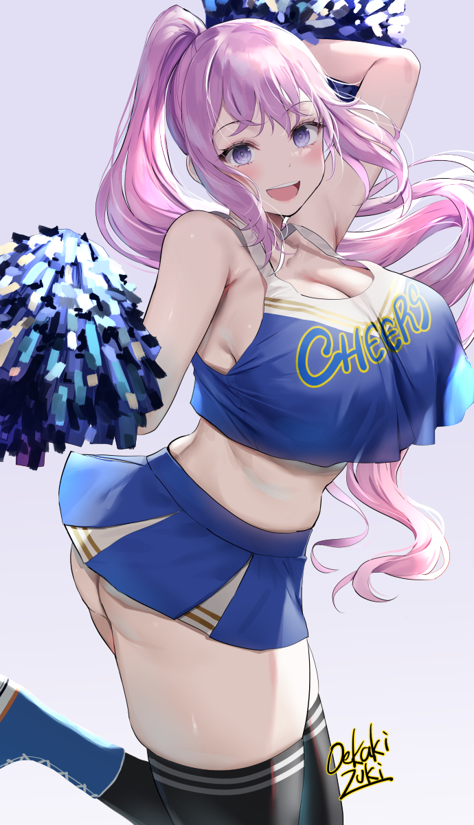 1girls, artist signature, black socks, blue eyes, blush, breasts, cheerleader, cheerleader uniform, female, hips, holding object, huge breasts, light skin, light-skinned female, long hair, oc, oekakizuki, original, original character, pink hair, pom poms, short skirt, skirt, slim waist, smile, socks, thick thighs, thigh socks, thighhighs, thighs, wide hips