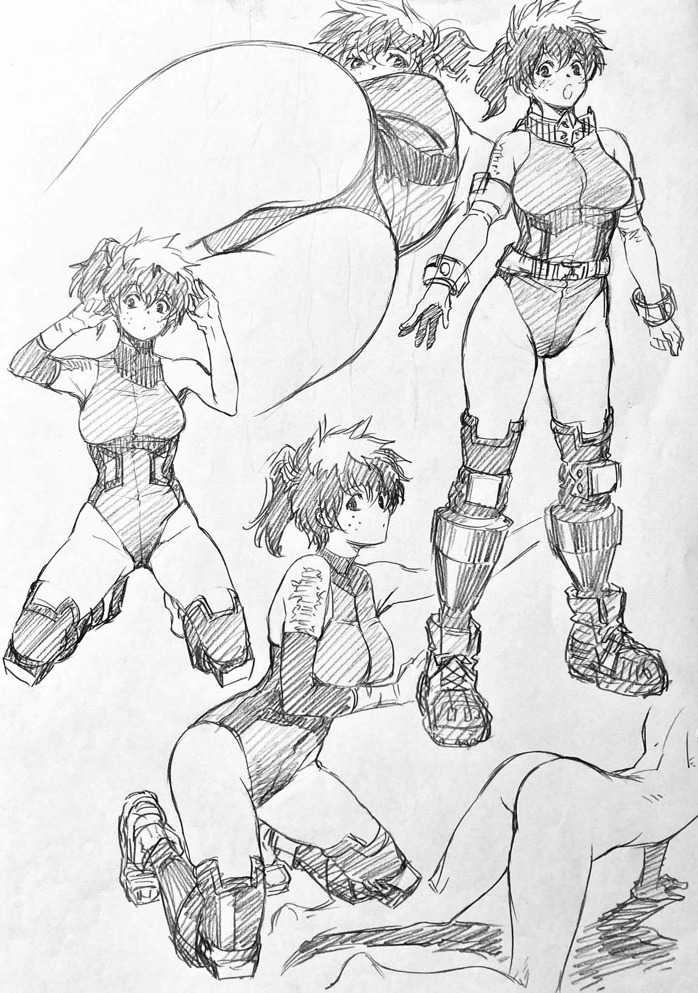 1girls, all fours, ass, clothed, female, female deku, female only, freckles, genderswap, genderswap (mtf), hero outfit (mha), izuku midoriya, krs a, monochrome, my hero academia, nude, nude female, on knees, ponytail, rule 63, sketch, third-party source