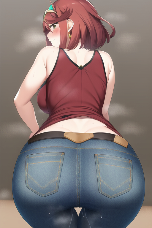 1girls, ai generated, ass, backboob, bangs, breasts, female, female only, hips, huge ass, huge breasts, jeans, light skin, light-skinned female, monolith soft, nai diffusion, nintendo, pyra, red hair, short hair, stable diffusion, swept bangs, thick thighs, thigh gap, thighs, wide hips, xenoblade (series), xenoblade chronicles 2