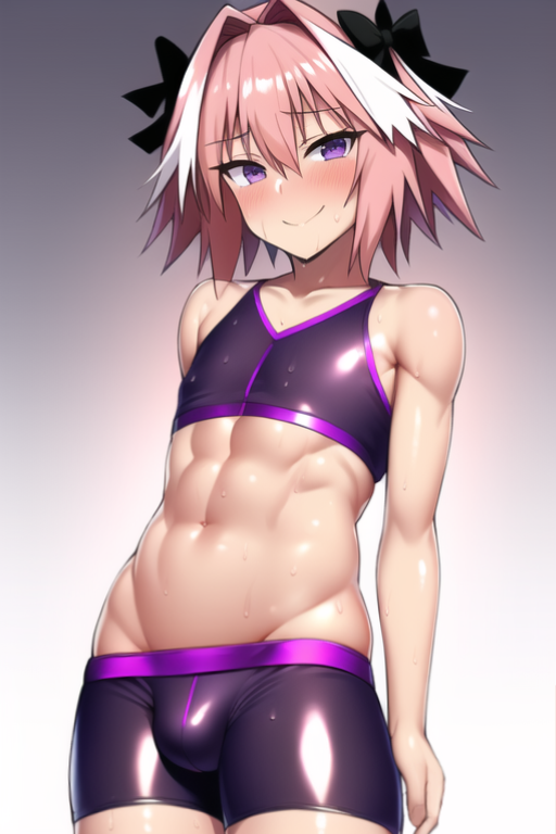 1boy, abs, ai generated, astolfo (fate), blush, bulge, eye contact, fate (series), fate/grand order, femboy, fitness, girly, looking at viewer, male, male only, muscular, muscular male, nai diffusion, penis, penis bulge, pink hair, purple eyes, shiny clothes, short hair, smile, sports bra, stable diffusion, standing, tight clothing, tight fit