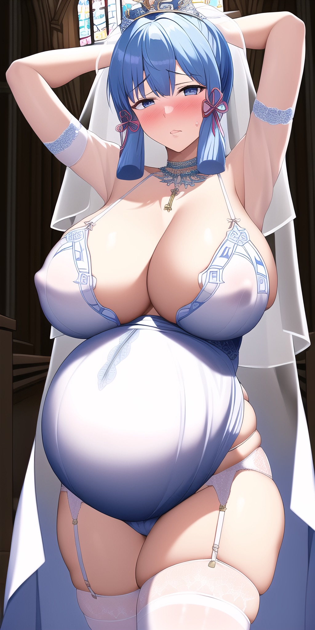 ai generated, armbands, armpits, arms up, big breasts, blue eyes, blue hair, blush, breasts, bridal veil, bride, cleavage, female, female only, garter belt, garter straps, genshin impact, huge breasts, inazuma girls, kamisato ayaka, leotard, lingerie, looking at viewer, nai diffusion, necklace, nipple bulge, pregnant, solo, stable diffusion, sweatdrop, thick thighs, thighhighs, veil, wedding dress, wedding lingerie, white legwear, white leotard, white thighhighs, zettai ryouiki
