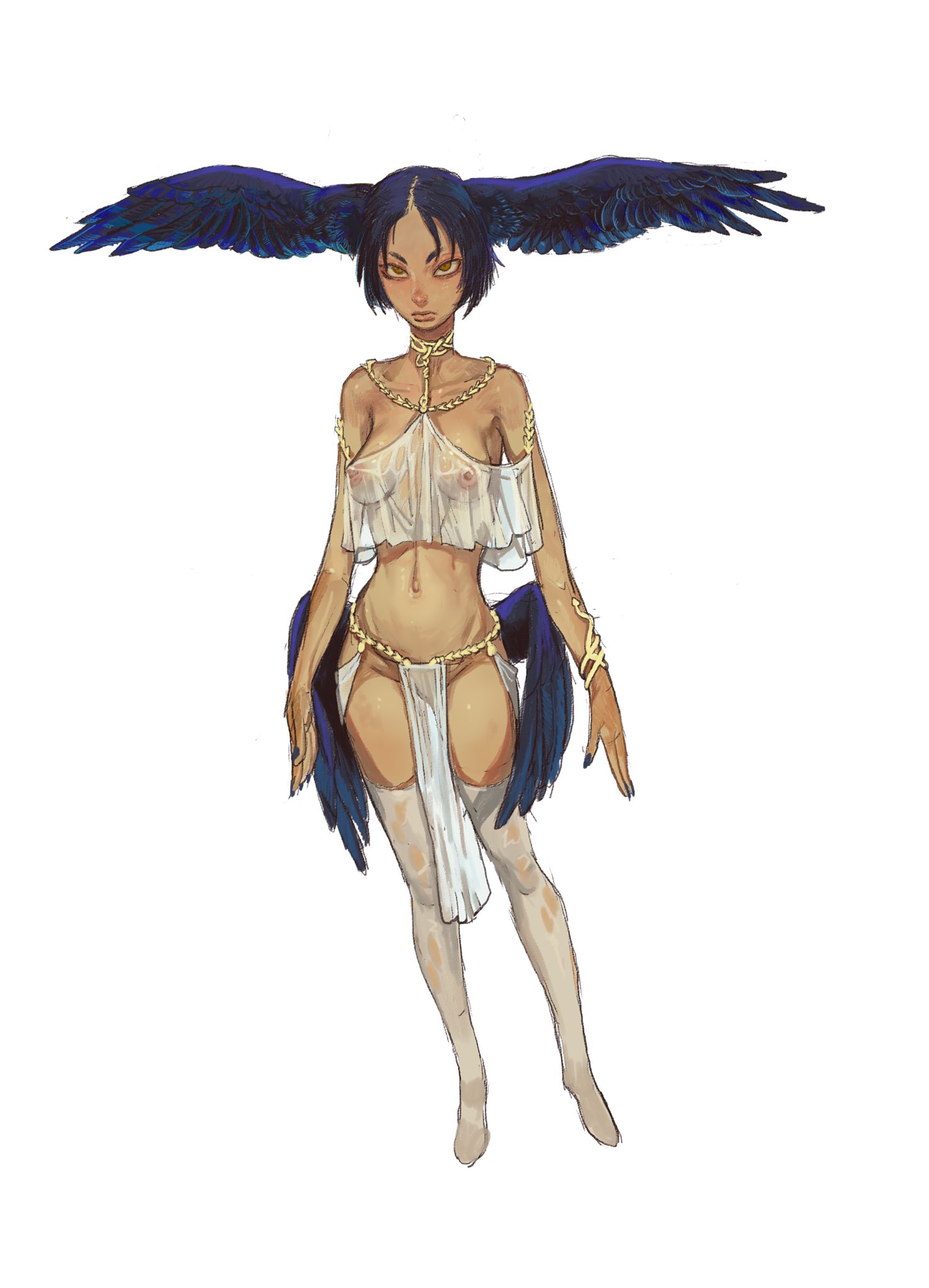 1girls, 2d, breasts, female, female only, full body, medium breasts, mossa, nipples, pelvic curtain, see-through, see-through clothing, short hair, small breasts, solo, solo female, standing, wings