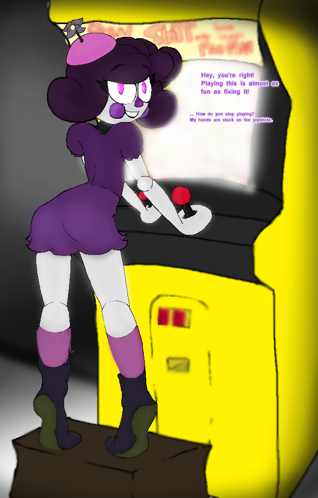 animatronic arcade arcade_machine female five_nights_at_freddy's five_nights_at_freddy's_2 humanoid_robot jj_(fnaf) looking_at_viewer robot robot_girl short skinny solo ultimate_custom_night white_body white_skin