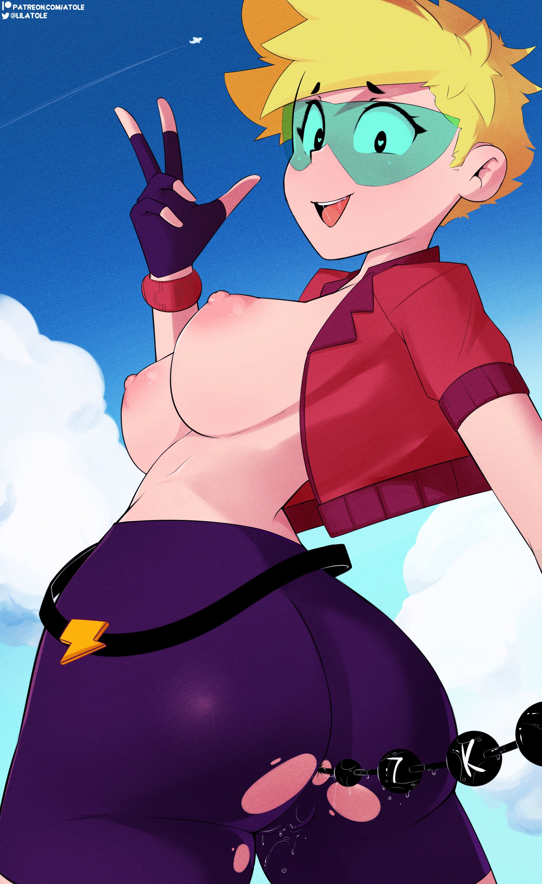 (mirius), anal, anal beads, blue-tinted eyewear, brawl stars, breasts, female, glasses, heart eyes, lilatole, max (brawl stars), pussy, pussy juice, sex toy, streetwear max, sunglasses, tinted eyewear, torn clothes, torn shorts
