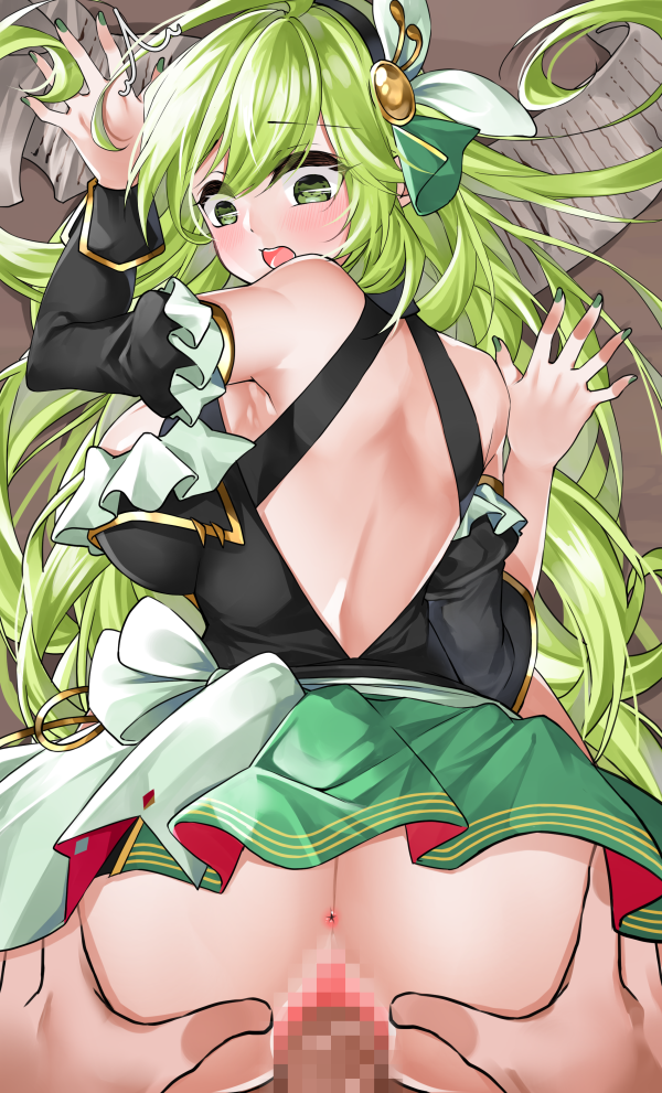 1boy :o ^^^ anus ass ass_grab back_cutout black_hairband black_sleeves bow breasts censored clothing_cutout detached_sleeves doggy_style elsword female frills grabbing_another's_ass green_eyes green_hair green_skirt groping hair_ornament hairband juliet_sleeves large_breasts long_hair long_sleeves looking_at_viewer looking_back mosaic_censoring no_panties open_mouth penis puffy_sleeves rena_erindel sex skirt straight sula_(s_ra760) tale_spinner_(elsword) vaginal_penetration white_bow wide-eyed