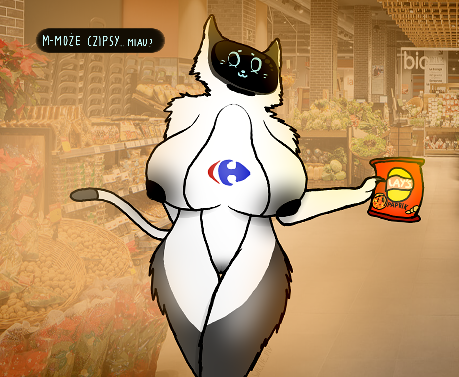 1girls 2d anthro breasts carrefour female female_only humanoid kerfuś kerfuś_female polish_text robot robot_girl robot_humanoid screen_face shop solo text willie_piv