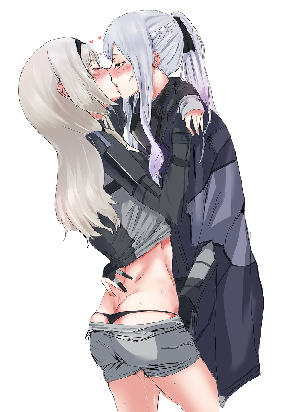 2girls ak-12_(girls'_frontline) an-94_(girls'_frontline) arm_around_neck ass blonde_hair blush closed_eyes coat fingering french_kiss girls'_frontline gloves half-closed_eyes hand_on_another's_waist heart highres hug implied_fingering kissing long_hair looking_at_another mmm_(ji1945) multiple_girls panties ponytail purple_eyes pussy_juice shorts sweat underwear white_hair yuri