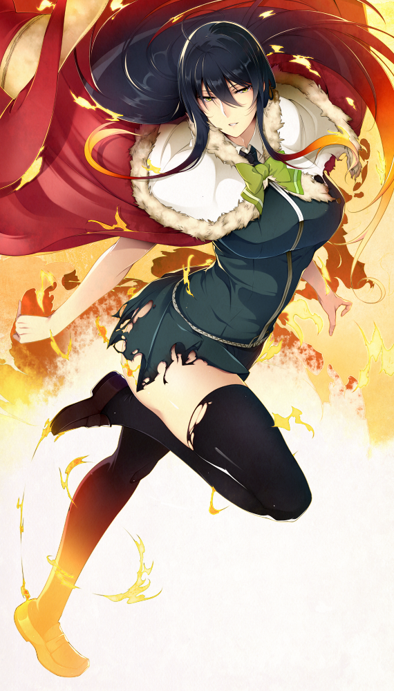 1girls ass big_breasts black_hair black_thighhighs bottomless breasts burned_clothing cape curvy curvy_female curvy_figure curvy_hips emotionless emotionless_female fire fur_trim fur_trim_legwear gradient_hair green_clothing green_eyes green_uniform kagari_ayaka large_breasts leg_up legs_folded legs_up light-skinned_female light_skin loafers long_black_hair long_hair multicolored_hair nanao_(mahaya) no_panties open_mouth parted_lips red_hair school_uniform shoes skirt solo thick thick_thighs thighhighs thighs tie torn_clothes torn_clothing torn_legwear torn_skirt white_shirt witch witch_craft_works