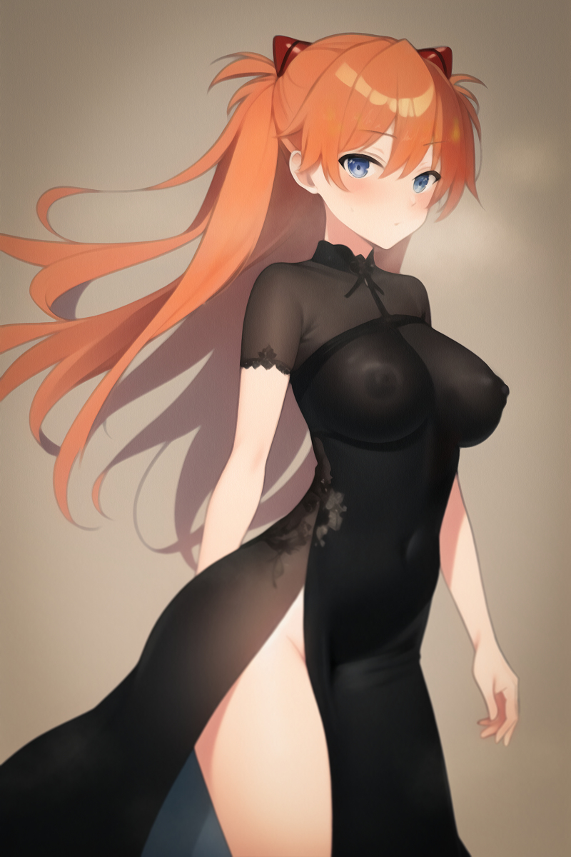 ai generated, asuka langley sohryu, black dress, blue eyes, breasts, dress, female, long hair, looking at viewer, nai diffusion, neon genesis evangelion, nipples, orange hair, see-through, see-through clothing, solo, stable diffusion