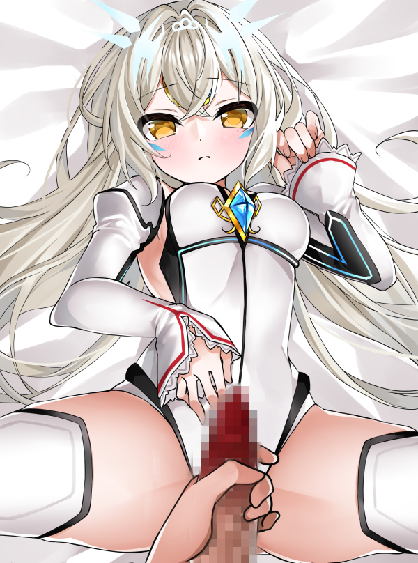 1boy blush breasts brooch censored closed_mouth code:_battle_seraph_(elsword) detached_sleeves elsword eve_(elsword) female hair_intakes imminent_penetration jewelry leotard long_hair looking_at_viewer lying medium_breasts mosaic_censoring on_back penis penis_grab raised_eyebrows spread_legs straight sula_(s_ra760) thighhighs white_hair white_leotard white_sleeves white_thighhighs yellow_eyes