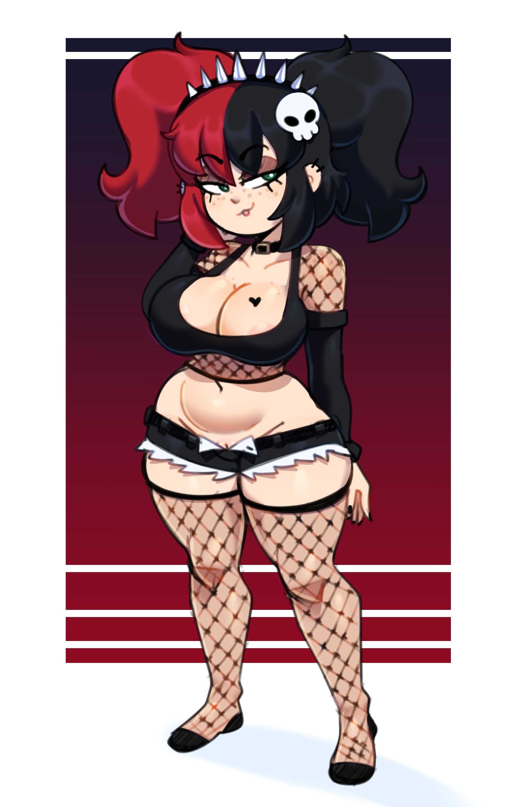:3, 1girls, big breasts, breasts, chest tattoo, choker, cleavage, clothing, commission, ear piercing, ellie walls (odysseyellie), female, fishnets, freckles, fur, goth, green eyes, heart tattoo, light skin, light-skinned female, piercing, pigtails, pussy, shorts, skull hair ornament, solo, somescrub, spiked hairband, tattoo, teasing, thick thighs, two-tone hair, wide hips