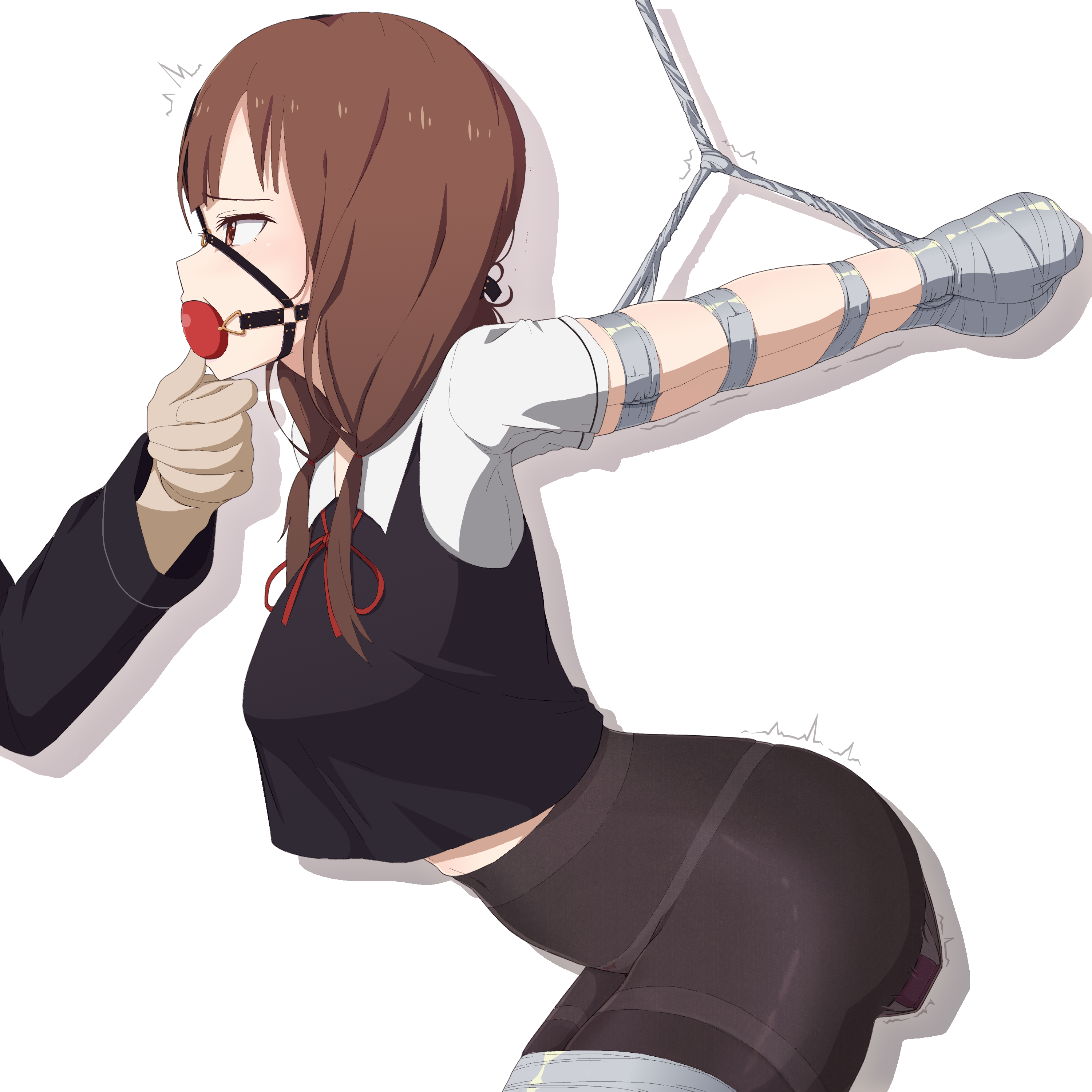 1girls, arms behind back, ass, ball gag, black legwear, blush, bondage, bound, bound arms, bound hand, bound legs, breasts, dildo, female, gag, human, iino miko, kaguya-sama wa kokurasetai ~tensai-tachi no renai zunousen~, legs tied, legwear, long hair, school uniform, sex toy, tape, tape bondage, underwear