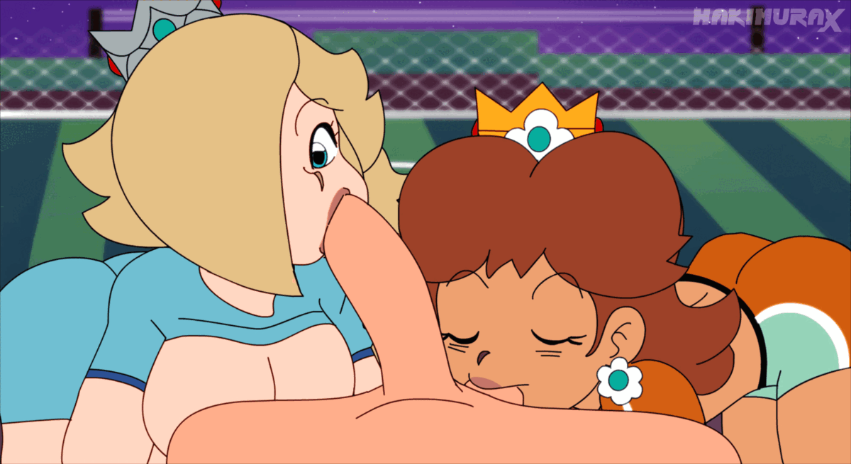 1boy, 2girls, animated, artist name, ass, balls, balls sucking, big breasts, blonde hair, blowjob, blue eyes, breasts, brown hair, clothed, clothed female, clothed female nude male, clothing, collaborative fellatio, crown, dark skin, dark-skinned female, double oral, duo, earrings, eye contact, fellatio, female, ffm threesome, flower earrings, hair over one eye, hakimurax, large breasts, light skin, light-skinned female, light-skinned male, looking at viewer, luigi, male, male pov, mario (series), mario strikers, medium hair, multiple females, multiple girls, nintendo, nude, nude male, oral, pale skin, pale-skinned female, penis, pov, pov eye contact, princess daisy, princess rosalina, self upload, shorts, shoulder length hair, sucking balls, sucking testicles, teamwork, testicles, threesome