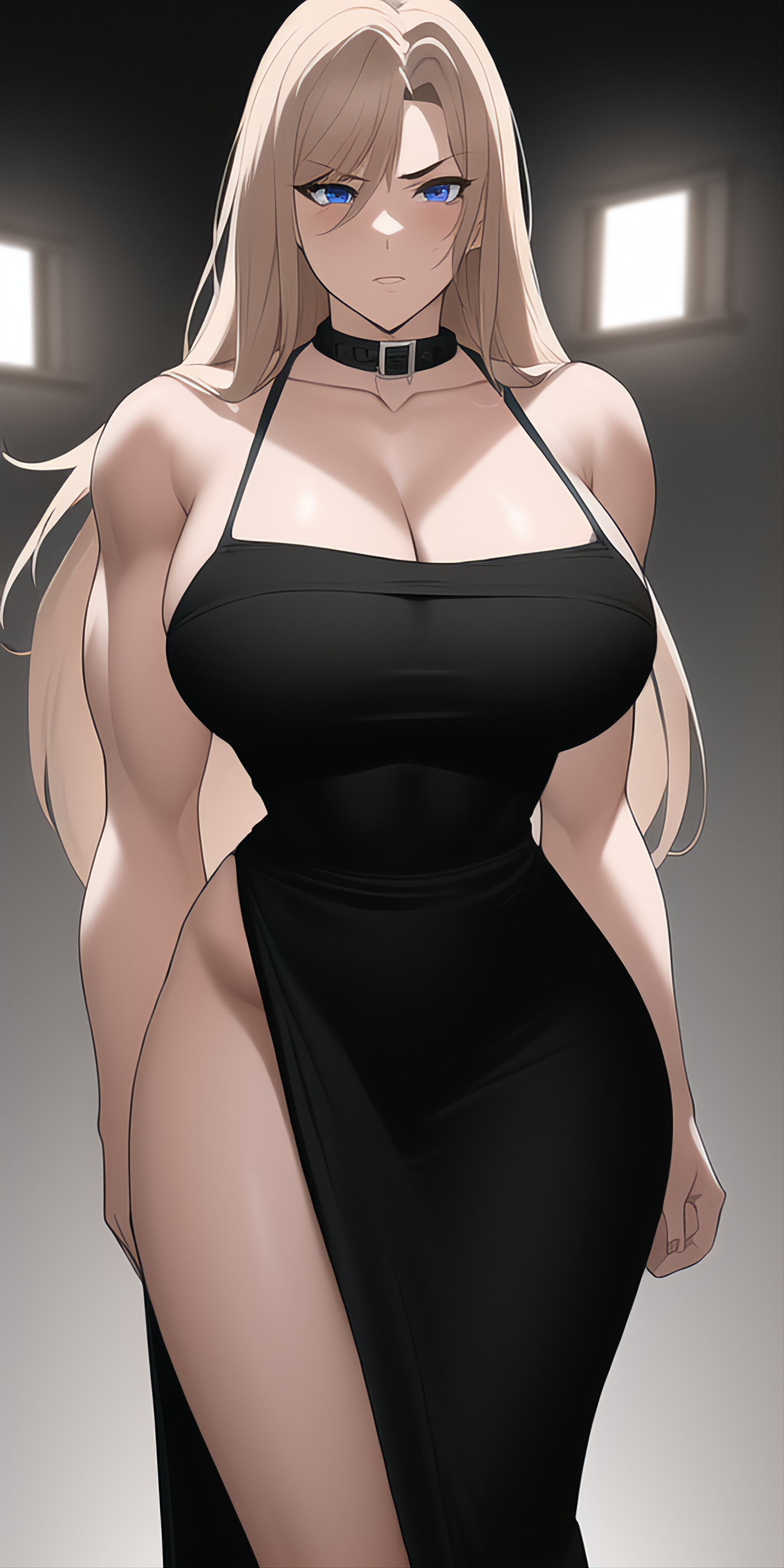 ai generated, annoyed, big breasts, black dress, blonde hair, blue eyes, breasts, collar, curvy, dress, exposed thighs, female, female only, long dress, long hair, looking at viewer, mature female, muscular, muscular female, nai diffusion, original, original character, shiny skin, slim waist, solo, stable diffusion, standing sex, toned, toned female, upscaled