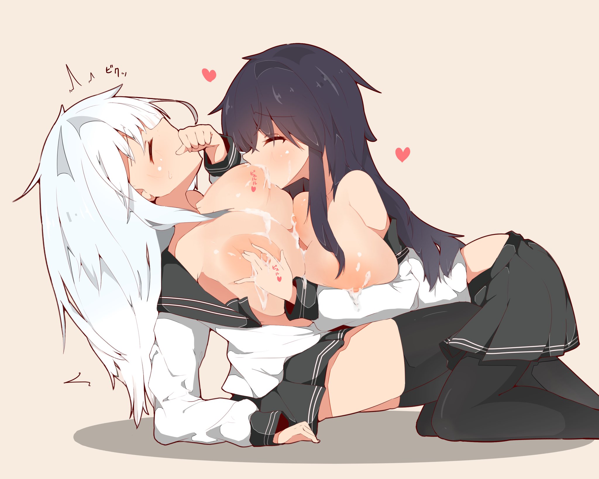 2girls, akatsuki (kantai collection), alternate breast size, anime style, black hair, blush, breast grab, breast milk, breast sucking, breastfeeding, breasts, breasts out, female, hand on mouth, heart, hibiki (kantai collection), kantai collection, lactating, lactation, milk, on ground, school uniform, shadow, spy artservice, verniy (kantai collection), white hair, yuri