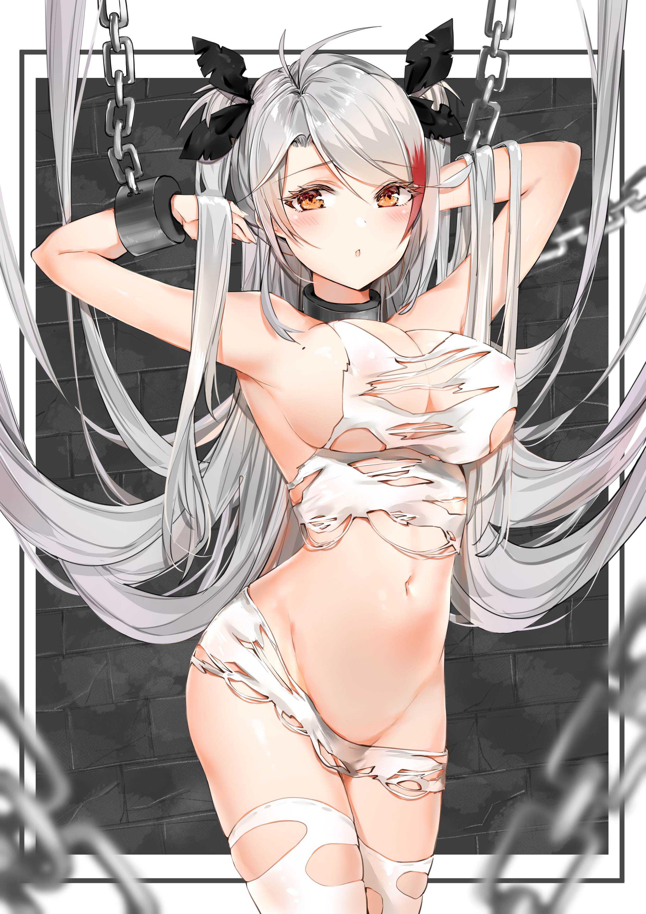 1girls, absurdres, antenna hair, armpits, arms up, azur lane, bangs, black ribbon, blush, bondage, breasts, chains, collar, cuffs, female, hair ribbon, highres, iron blood (azur lane), large breasts, long hair, looking at viewer, metal collar, mole, mole on breast, multicolored hair, navel, open mouth, orange eyes, prinz eugen (azur lane), red hair, restrained, ribbon, silver hair, solo, streaked hair, swept bangs, thighs, torn clothes, twintails, two side up, very long hair, yukineko1018