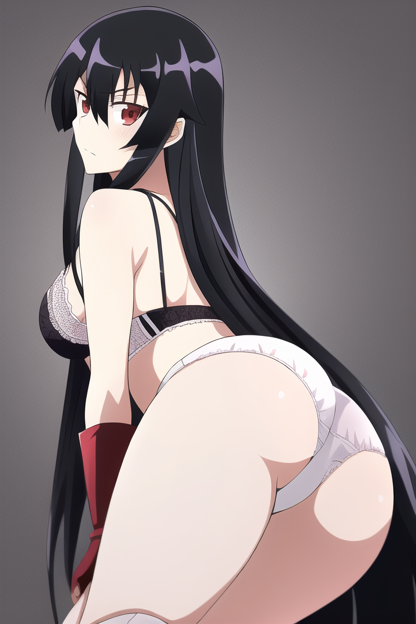 ai generated, akame (akame ga kill!), akame ga kill!, alluring, ass, black hair, bra, female, long hair, nightcore (artist), panties, posing, red hair, underwear