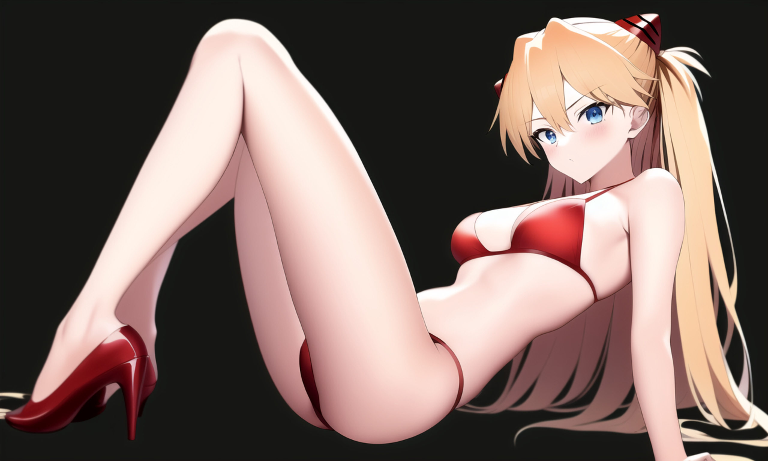 ai generated, asuka langley sohryu, blue eyes, blush, female, hairpods, high heels, legs, long hair, looking at viewer, lying, nai diffusion, neon genesis evangelion, orange hair, red swimsuit, stable diffusion, swimsuit