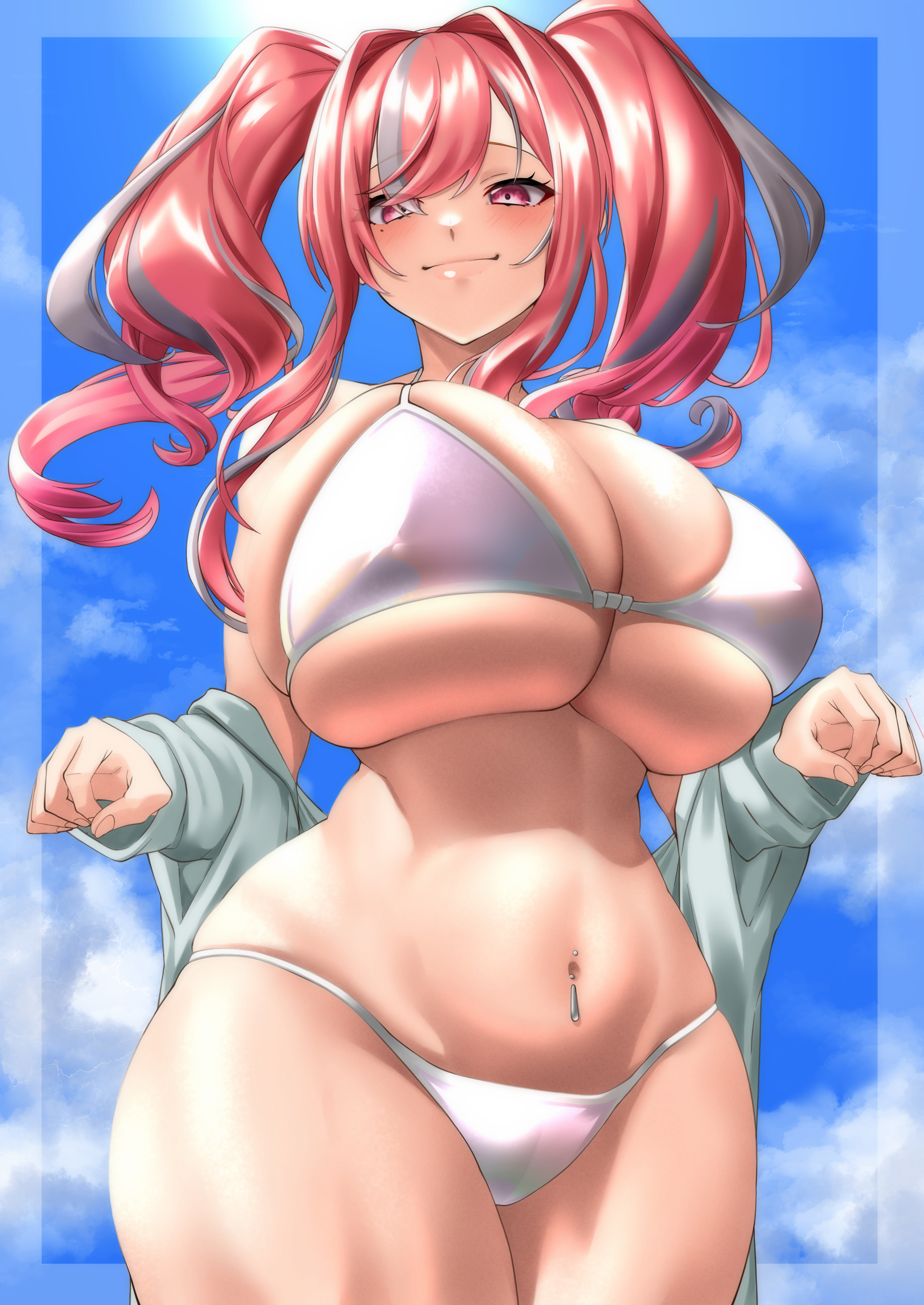 1girls, 2022, azur lane, belly, big breasts, bikini, bikini bottom, bikini top, breasts, bremerton (azur lane), cleavage, female, female only, huge breasts, large breasts, navel, navel piercing, outdoors, outside, pierced navel, pink eyes, pink hair, simple background, solo, solo female, standing, thick thighs, thighs, twintails, ura tomoya, white bikini, white bikini bottom, white bikini top