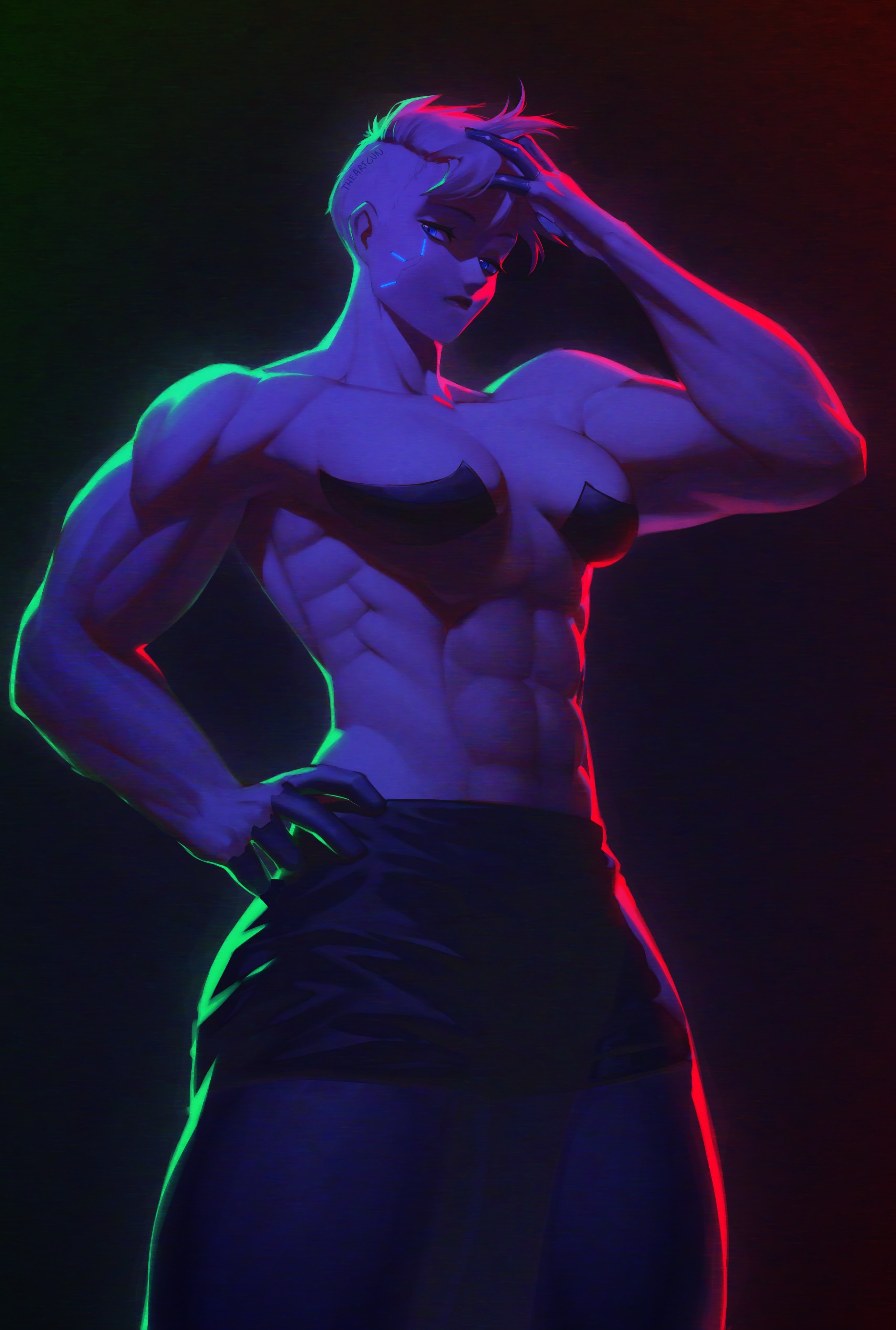 1girls, abs, big biceps, blonde hair, cd projekt red, cyberpunk 2077, cyberpunk: edgerunners, dorio (edgerunners), female, female only, flexing, flexing bicep, light skin, light-skinned female, muscular, muscular female, netflix, short hair, studio trigger, text, theartgun, topless