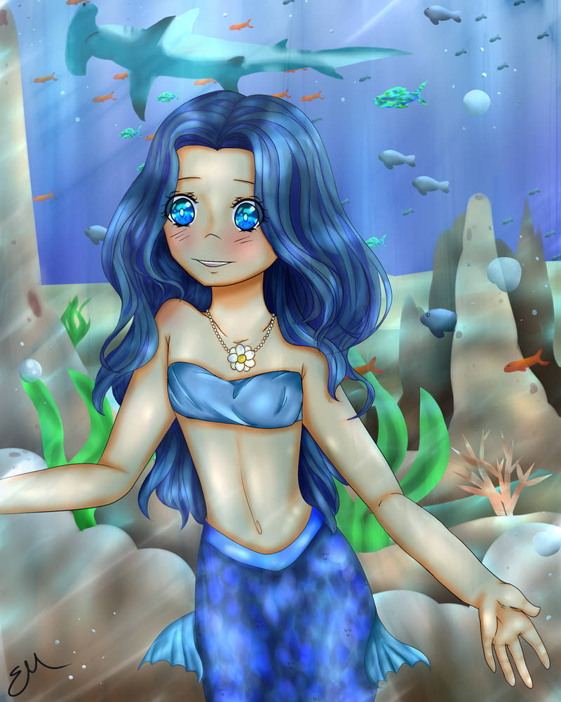 1girls 5_fingers blue_tail emeraie female female_only fish jpeg mermaid mermaid_tail mi'ara mi’ara original signature smile solo underwater