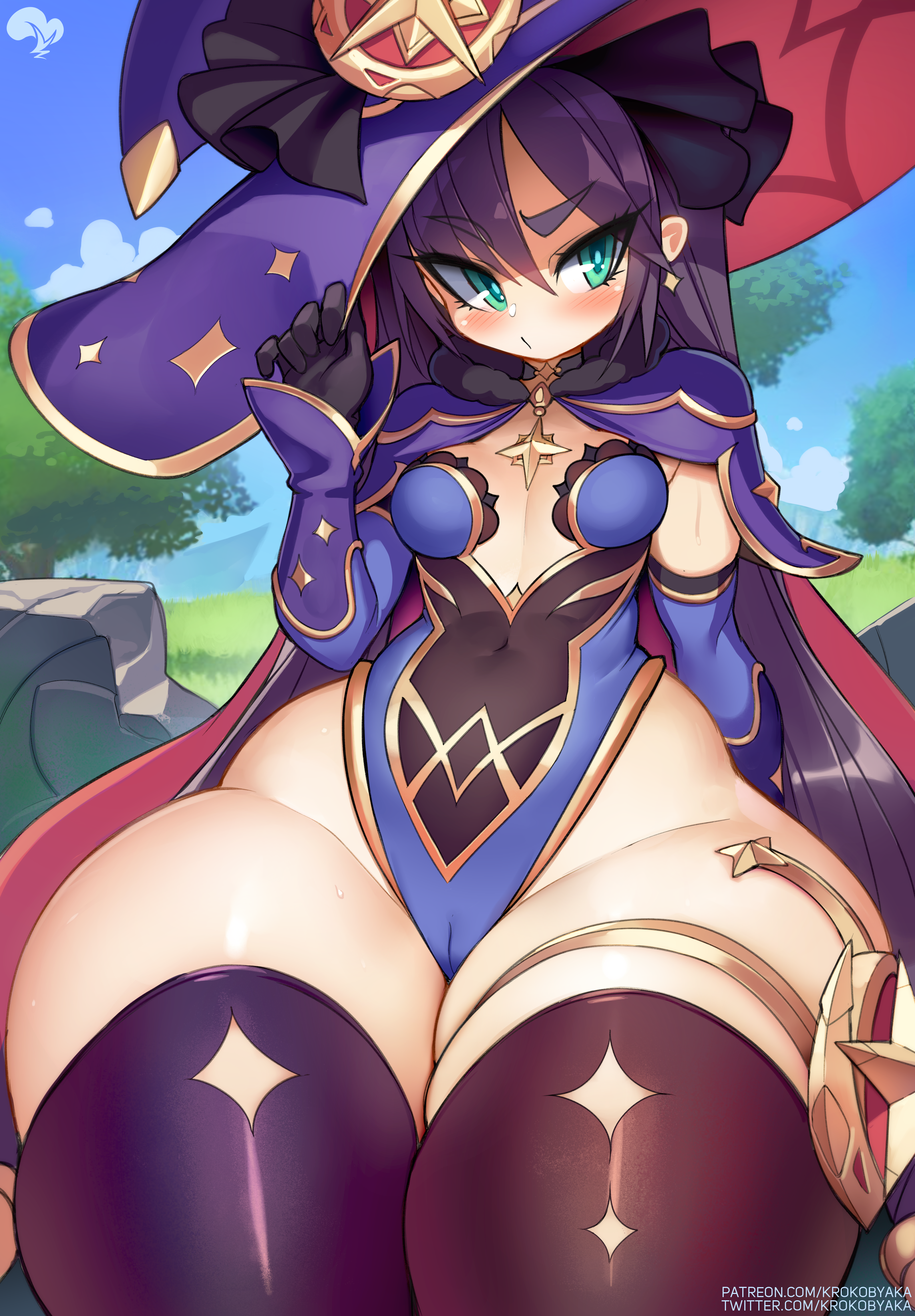 1girls, 2022, black hair, breasts, female, genshin impact, green eyes, hat, hi res, highleg leotard, hips, krokobyaka, large hat, leotard, light skin, light-skinned female, long hair, mona (genshin impact), outdoors, small breasts, thick thighs, thighs, twintails, wide hips, witch hat