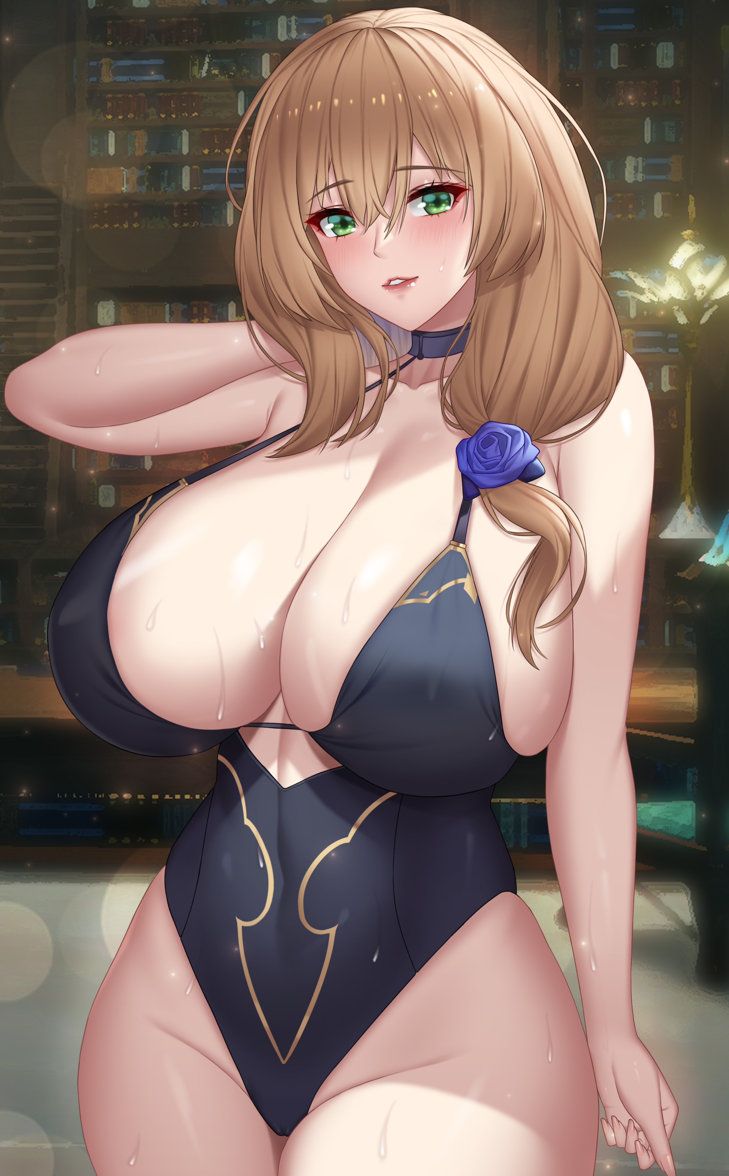 1girls, breasts, brown hair, female, genshin impact, green eyes, hi res, hips, huge breasts, light skin, light-skinned female, ling ayi (artist), lisa (genshin impact), long hair, looking at viewer, one-piece swimsuit, side ponytail, smile, swimsuit, thick thighs, thighs, wet, wet body, wet breasts, wide hips