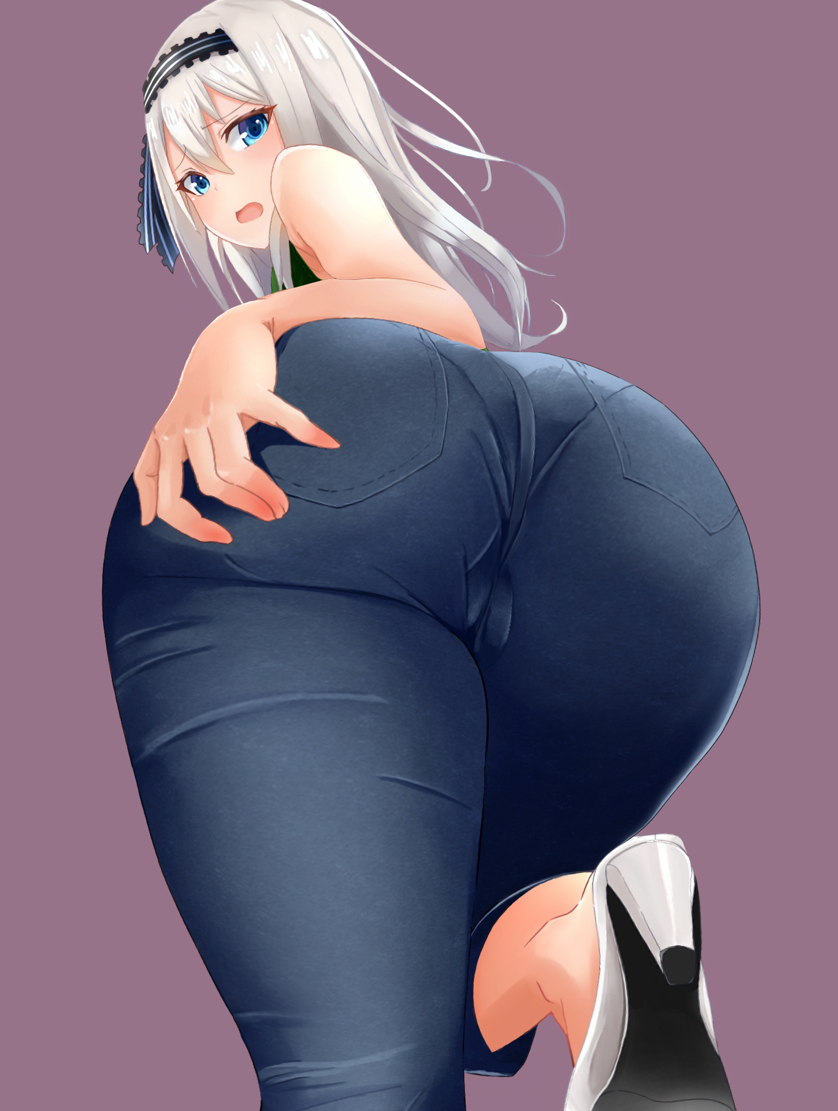 1girls, alternate ass size, ass, ass focus, ass grab, big ass, blue eyes, cameltoe, clothed, clothed female, female, female only, from behind, from below, high heels, huge ass, jeans, kaguya-sama wa kokurasetai ~tensai-tachi no renai zunousen~, looking at viewer, looking back, pants, pantylines, pussy, shirogane kei, silver hair, solo, solo female, thick thighs, third-party edit, tight jeans, tight pants, void3223, white hair, wide hips