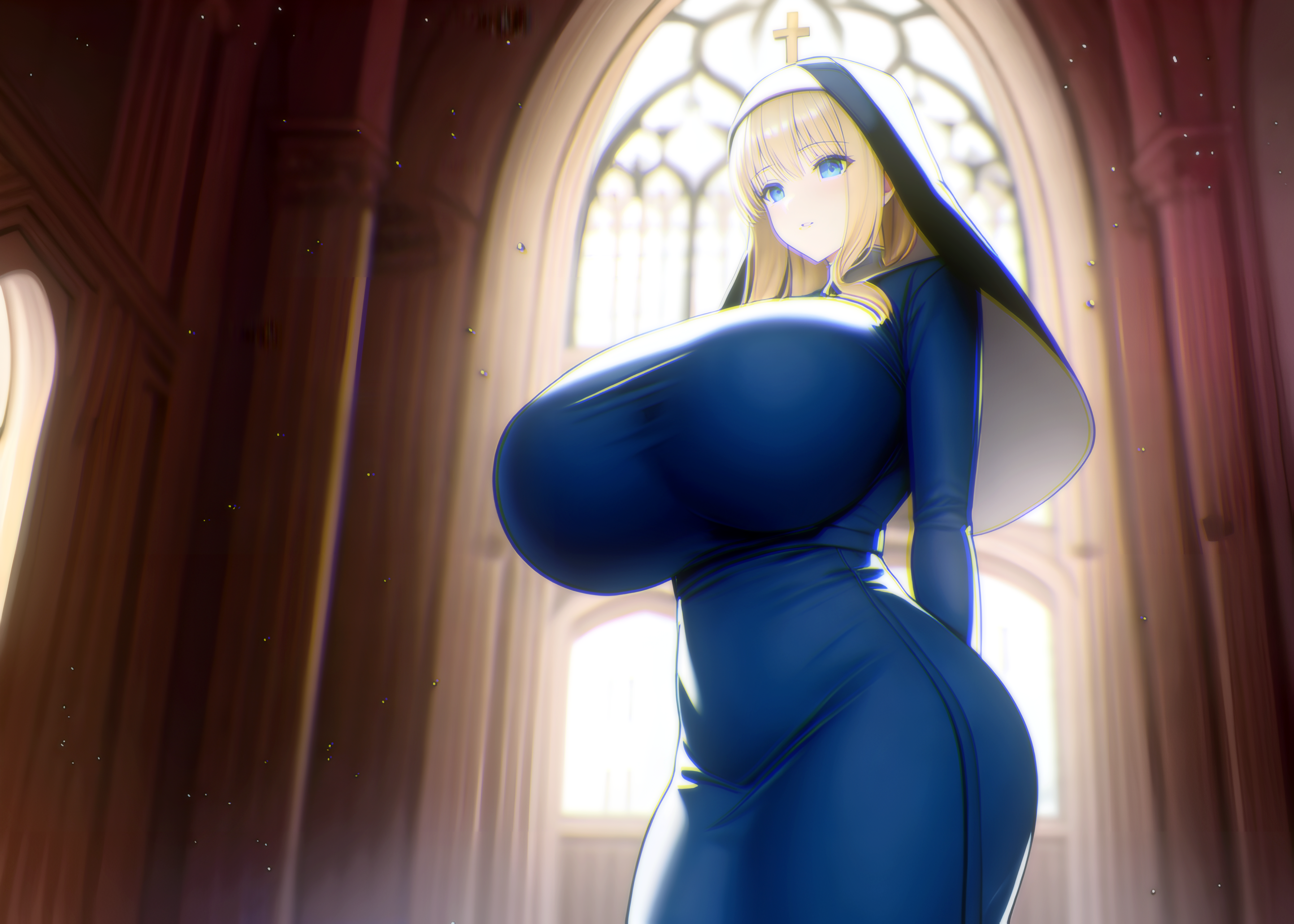 1girls, ai generated, big breasts, blonde hair, blue eyes, breasts, church, female, female only, huge breasts, large breasts, nai diffusion, nun, original, solo, stable diffusion, voluptuous