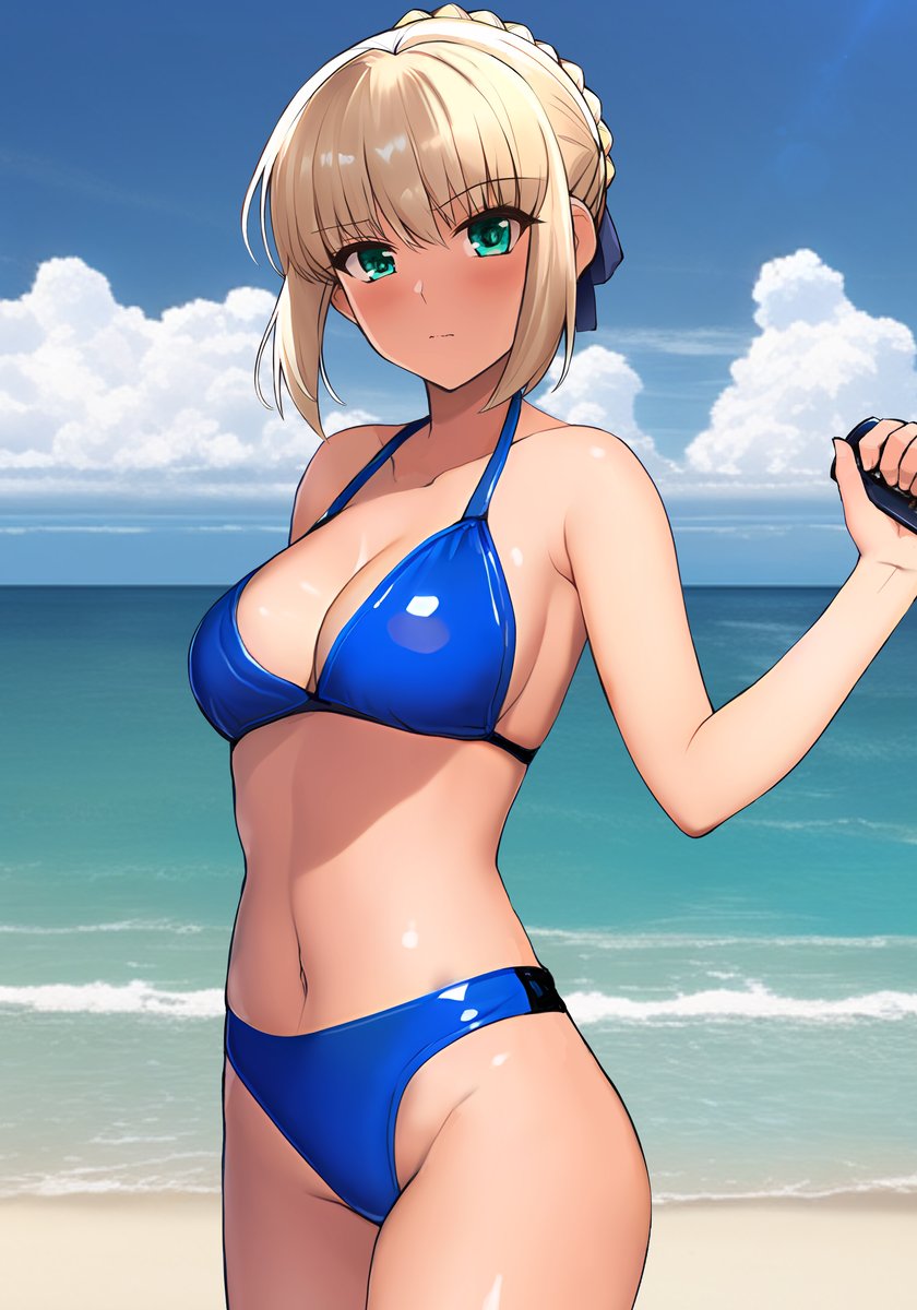 1girls, ahoge, ai generated, alternate costume, annoyed, arm behind back, arm up, artoria pendragon, bangs, beach, bikini, blonde hair, blue bikini, blush, braid, breasts, cleavage, closed mouth, fate (series), fate/stay night, female, female only, french braid, frown, green eyes, haruhisky, highres, looking at viewer, medium breasts, navel, outdoors, ribbon, saber, shiny skin, short hair, sidelocks, solo, solo female, standing, stomach, swimsuit