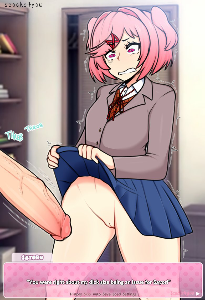 1boy 1girls 2d big_penis blue_skirt clothed cock ddlc_text_box dick doki_doki_literature_club english_text female imminent_sex motion_lines natsuki_(doki_doki_literature_club) no_panties nsfw penis penis_awe pink_eyes pink_hair pussy scared scocks4you size_matters skirt skirt_lift skirt_up uncensored