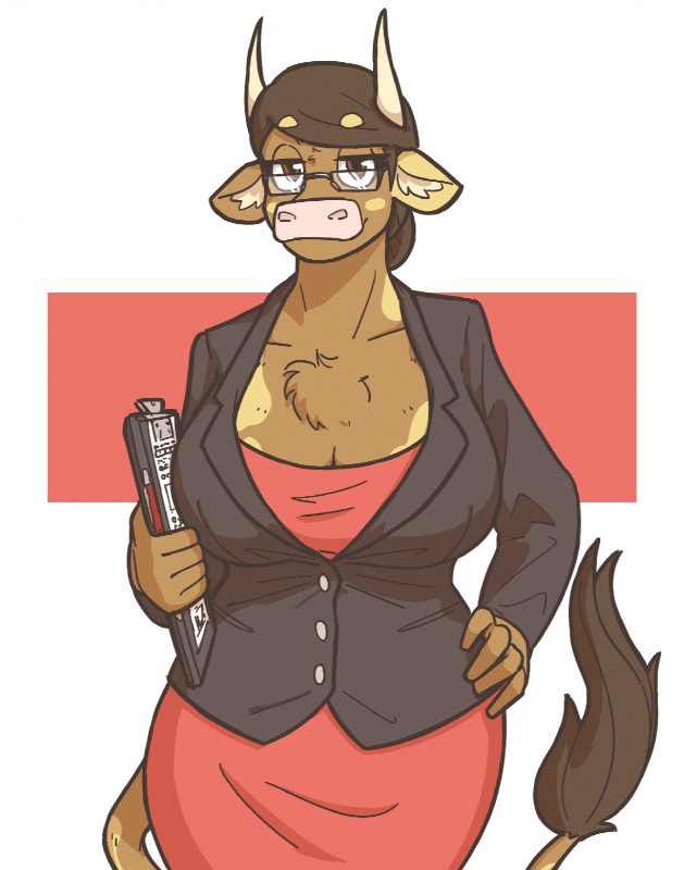 anthro big_breasts bovid bovine breasts brown_eyes buisness_suit chest_tuft cleavage clipboard clothed clothing cow_horns female fur furry furry_only glasses hand_on_hip horns long_skirt molly_(slightlysimian) pink_nose simple_background slightlysimian solo tail