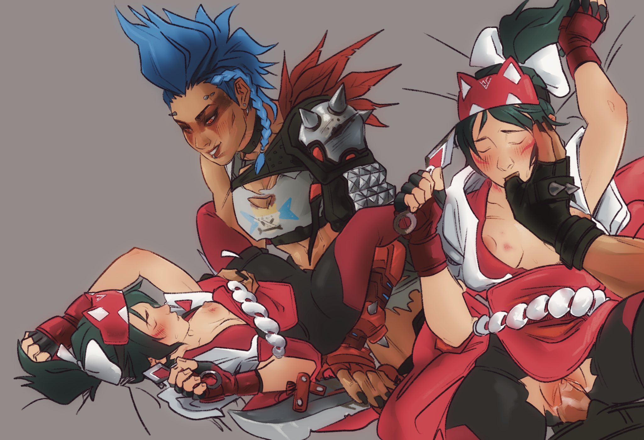 1futa, 1girls, 2d, areolae, blue hair, breasts, clitoris, clothed, clothed sex, clothing, dark skin, dark-skinned futa, duo, female, femsub, futa on female, futa pov, futadom, futanari, green hair, hickey, intersex, junker queen, kiriko (overwatch), light skin, light-skinned female, matsugonsfw, missionary position, mostly clothed, muscular, muscular futa, ninja, nipples, on back, overwatch, overwatch 2, penis, pussy, sex, small breasts, thumb in mouth, vaginal penetration