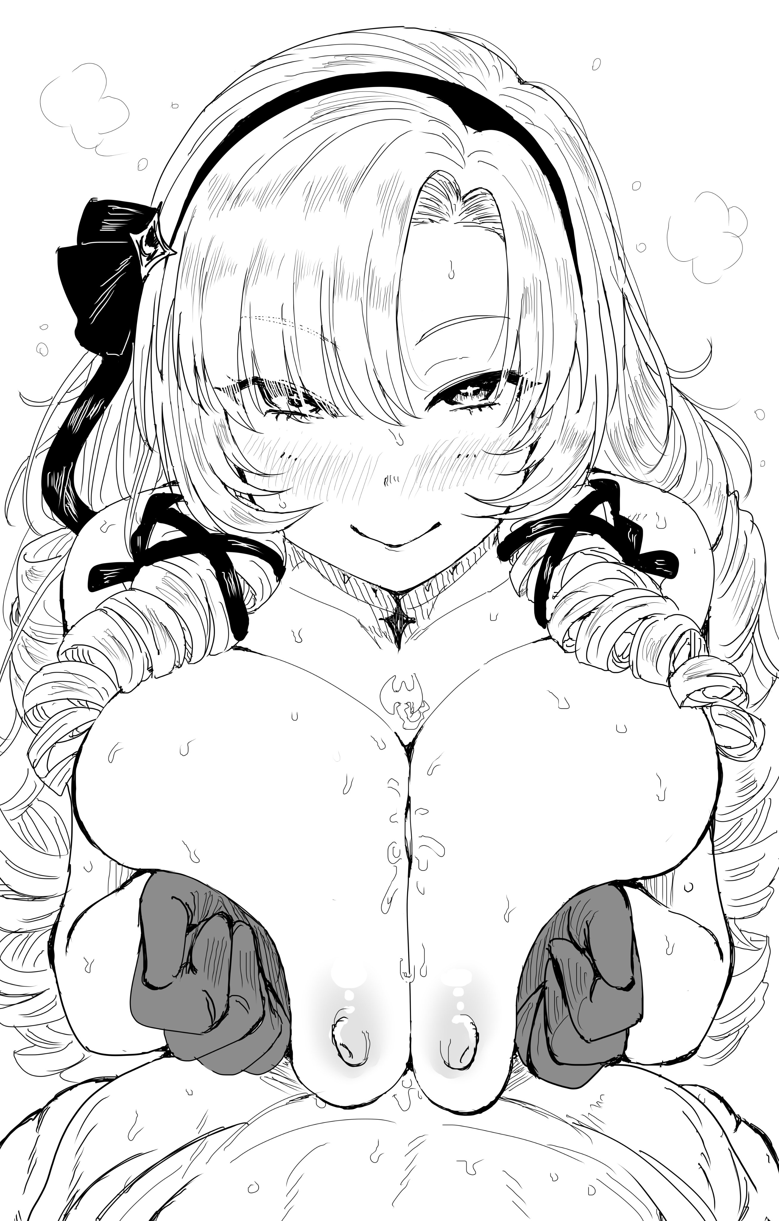 1boy, 1girls, alternate breast size, alternate version available, asian, asian female, big breasts, blush, braided hair, breast hold, breast squish, breasts, engulfing paizuri, female, happy, happy paizuri, happy sex, huge breasts, hyakumantenbara salome, kaiman garupan, large breasts, looking at viewer, male, monochrome, nijisanji, nipples, nude, nude female, paizuri, paizuri lead by female, paizuri on lap, pov, pov eye contact, pov paizuri, straight, sweat, tip peeking, virtual youtuber