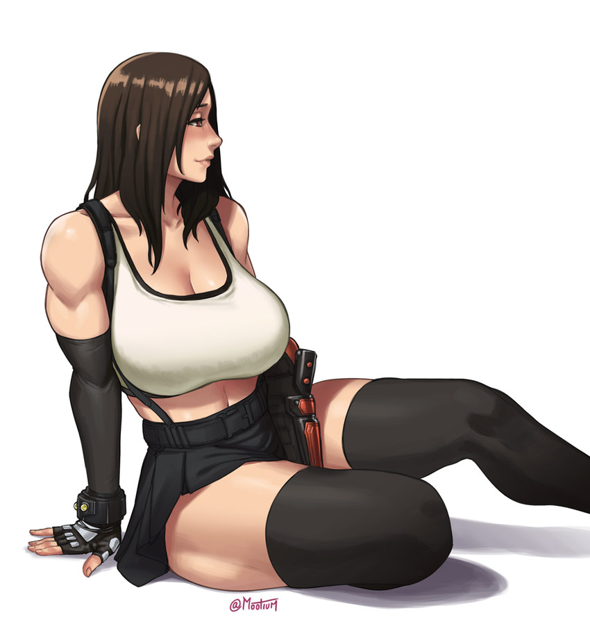 1girls black_hair final_fantasy final_fantasy_vii final_fantasy_vii_remake gloves highres leather_skirt long_hair midriff mootium muscular muscular_female sitting sleeveless smile sports_bra square_enix tank_top thighhighs tifa_lockhart