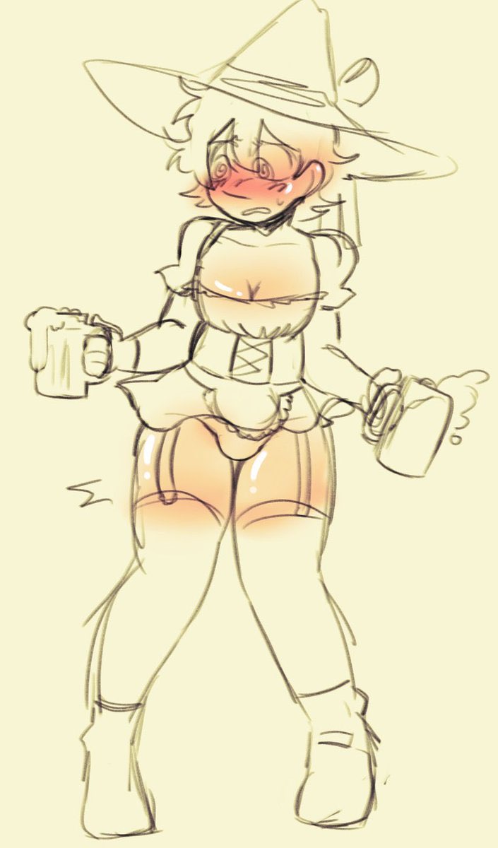 alcohol blush breasts colored_sketch embarrassed femboy hat maid maid_uniform male male_only panty_bulge sketch snufkin snufkins_sweat solo the_moomins trap twink white_background