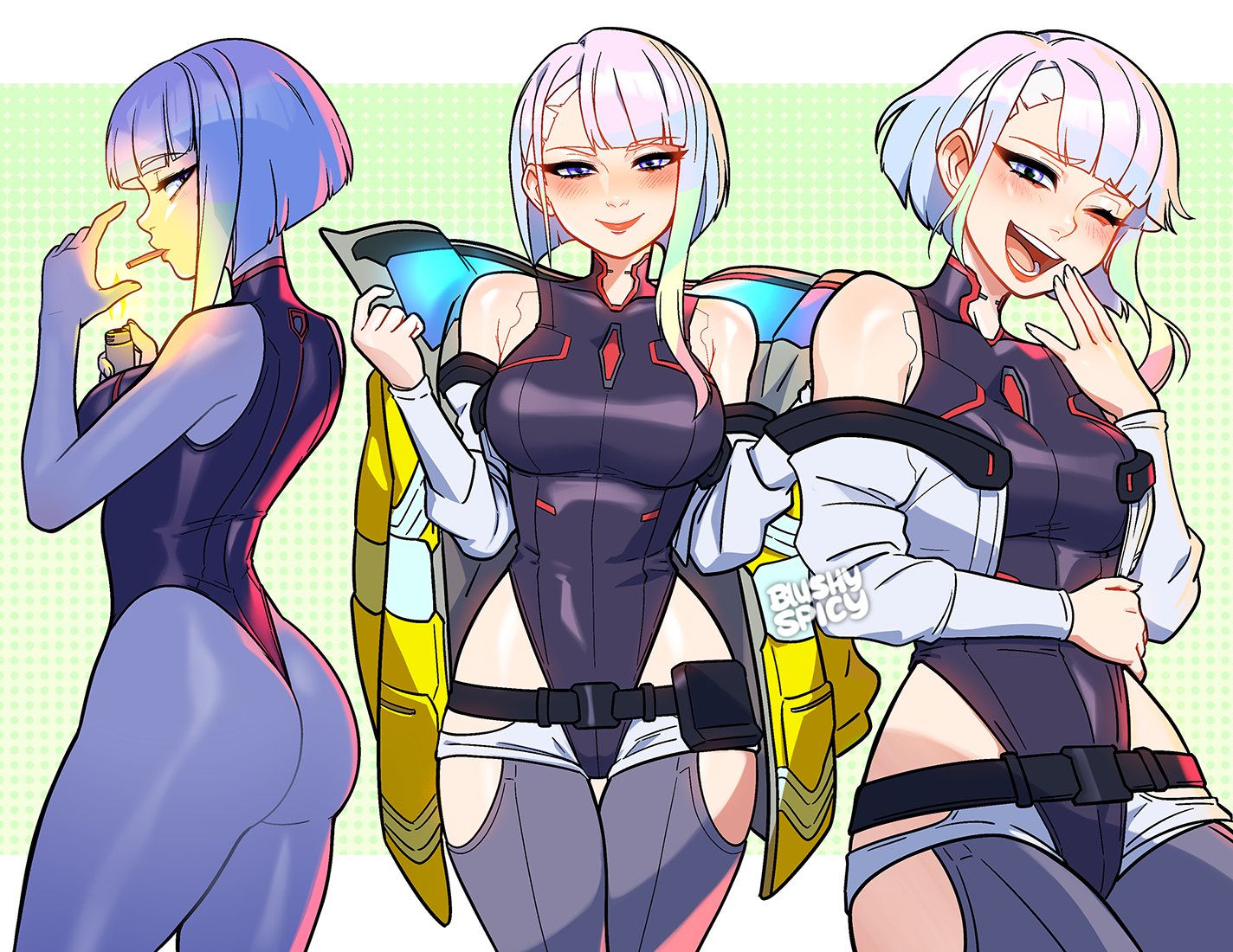 1girls, blushypixy, blushyspicy, cd projekt red, cute, cyberpunk 2077, cyberpunk: edgerunners, female, lucyna kushinada, netflix, smoking, solo, solo female, studio trigger, wholesome