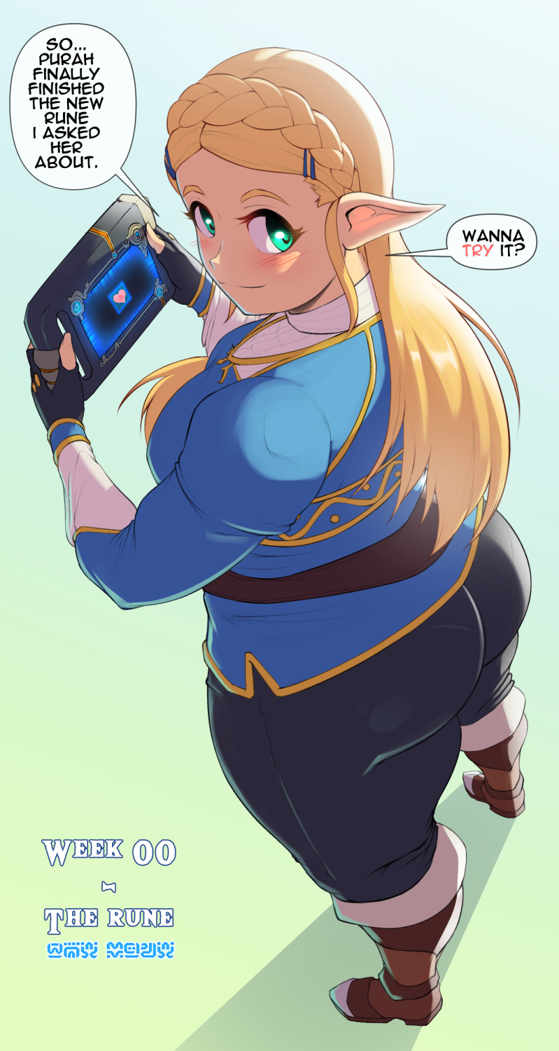 1girls ass breath_of_the_wild coffeeslice english_text female female_only fictional_language huge_ass looking_back pantylines plump princess_zelda sheikah_text slightly_chubby solo speech_bubble text the_legend_of_zelda thick_thighs wide_hips zelda_(breath_of_the_wild) zelda_comic