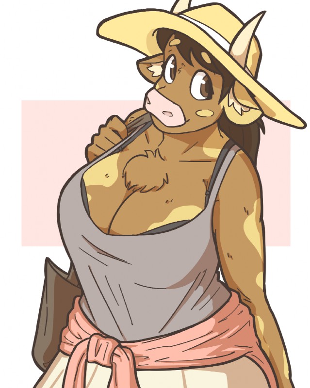 anthro big_breasts bovid bovine breasts brown_eyes carrying_bag chest_tuft cleavage clothed clothing cow_horns female fur furry furry_only horns horns_through_headwear molly_(slightlysimian) pink_nose purse simple_background slightlysimian solo sun_hat