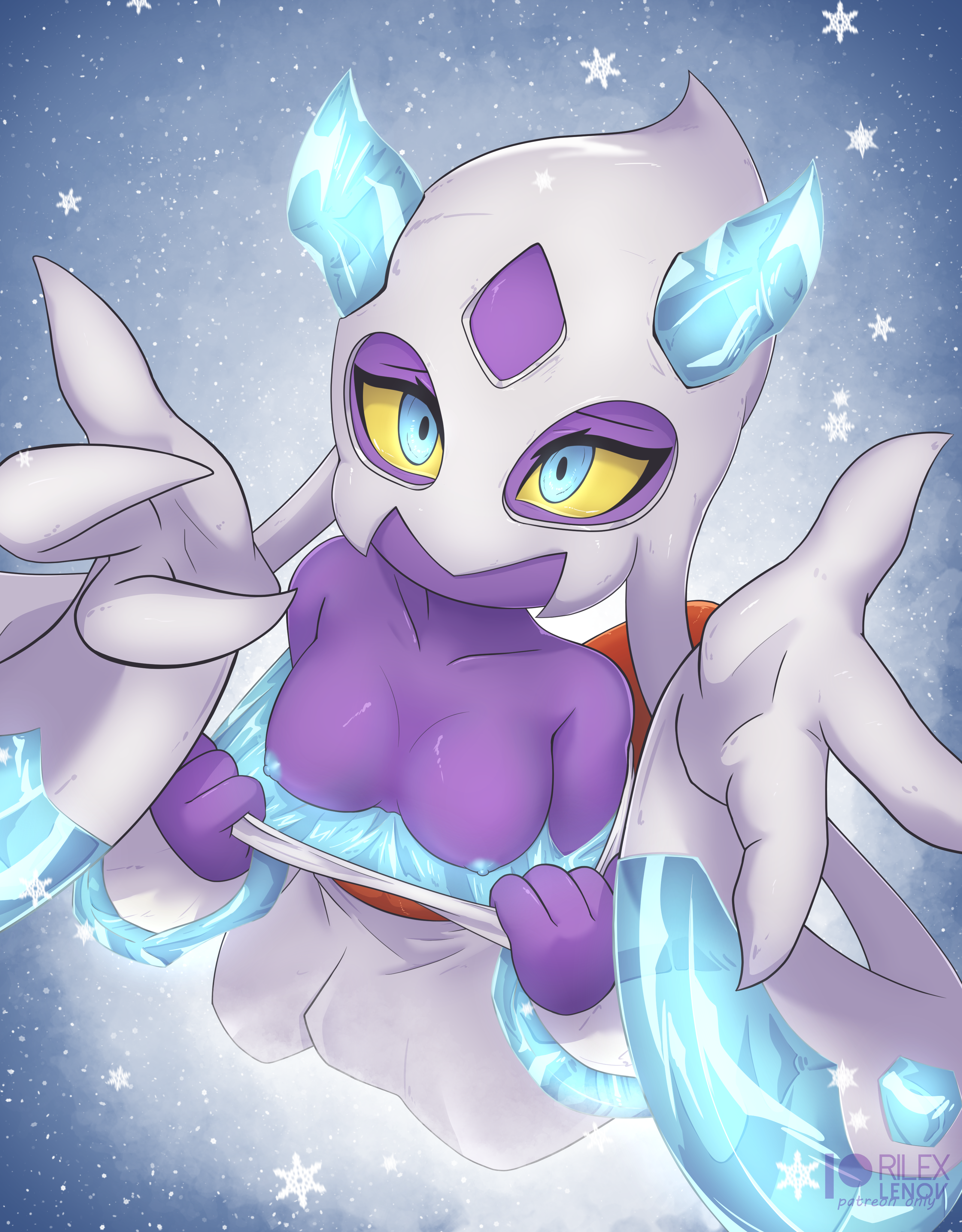 anthro, blue eyes, breasts, clothing, eyelashes, female, froslass, pokemon, presenting, rilex lenov, snow, yellow sclera
