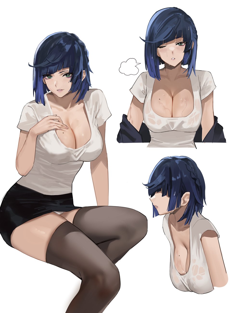 1girls, alternate costume, bangs, big breasts, black hair, black skirt, blue hair, bob cut, breasts, cleavage, closed eye, diagonal bangs, earrings, female, female focus, female only, fully clothed, genshin impact, green eyes, j@ck, jewelry, large breasts, light skin, light-skinned female, looking at viewer, miniskirt, mole, mole on breast, multicolored hair, panties, pantyshot, pantyshot (sitting), pencil skirt, shirt, short hair, simple background, skirt, smile, solo, solo female, solo focus, t-shirt, tagme, thick thighs, thighhighs, thighs, wet, wet body, wet breasts, wet clothes, wet clothing, white background, yelan (genshin impact)